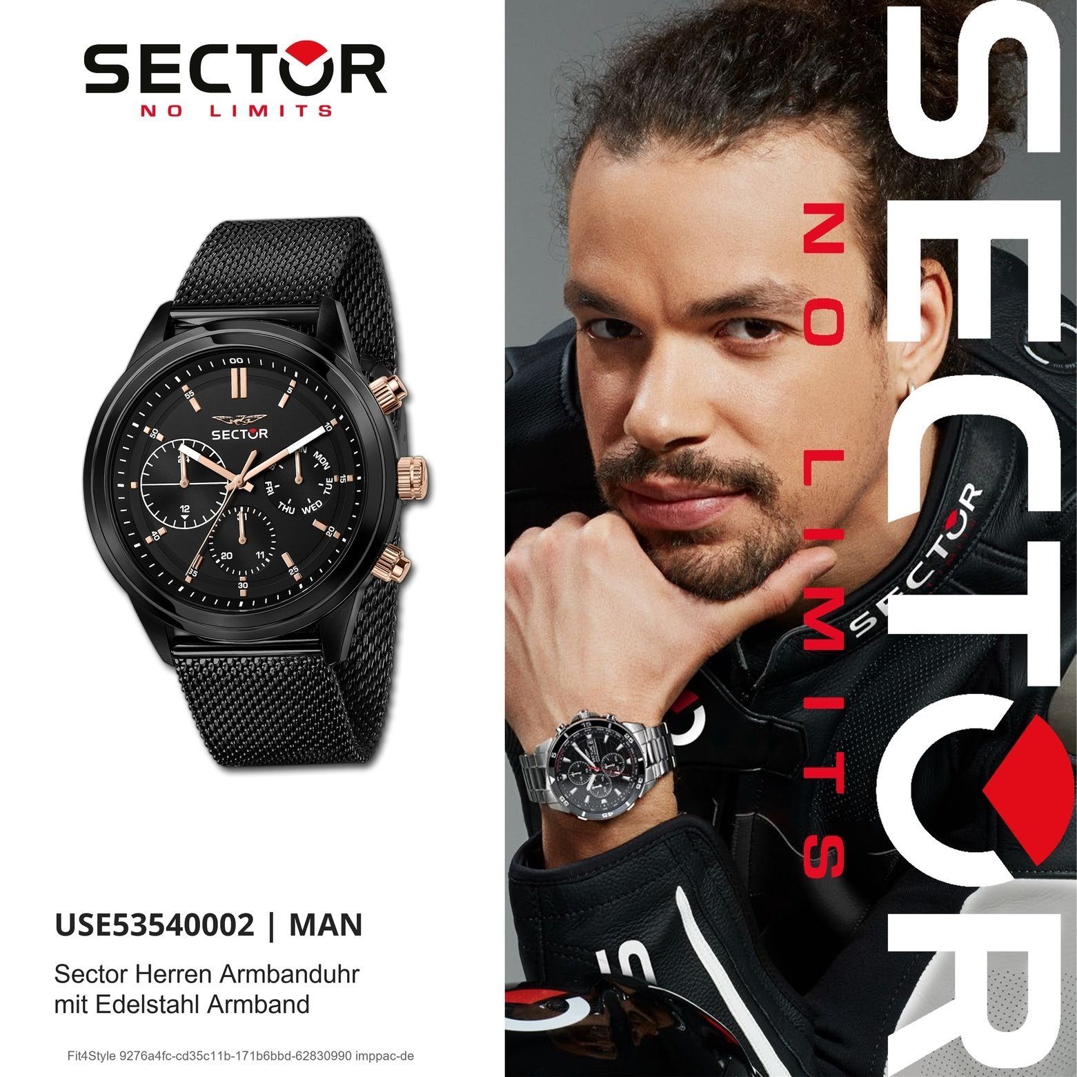 Sector (43mm) schwarz, Herren Armbanduhr Herren Multifunkt, Sector rund, groß Armbanduhr Fashion Multifunktionsuhr Edelstahlarmband