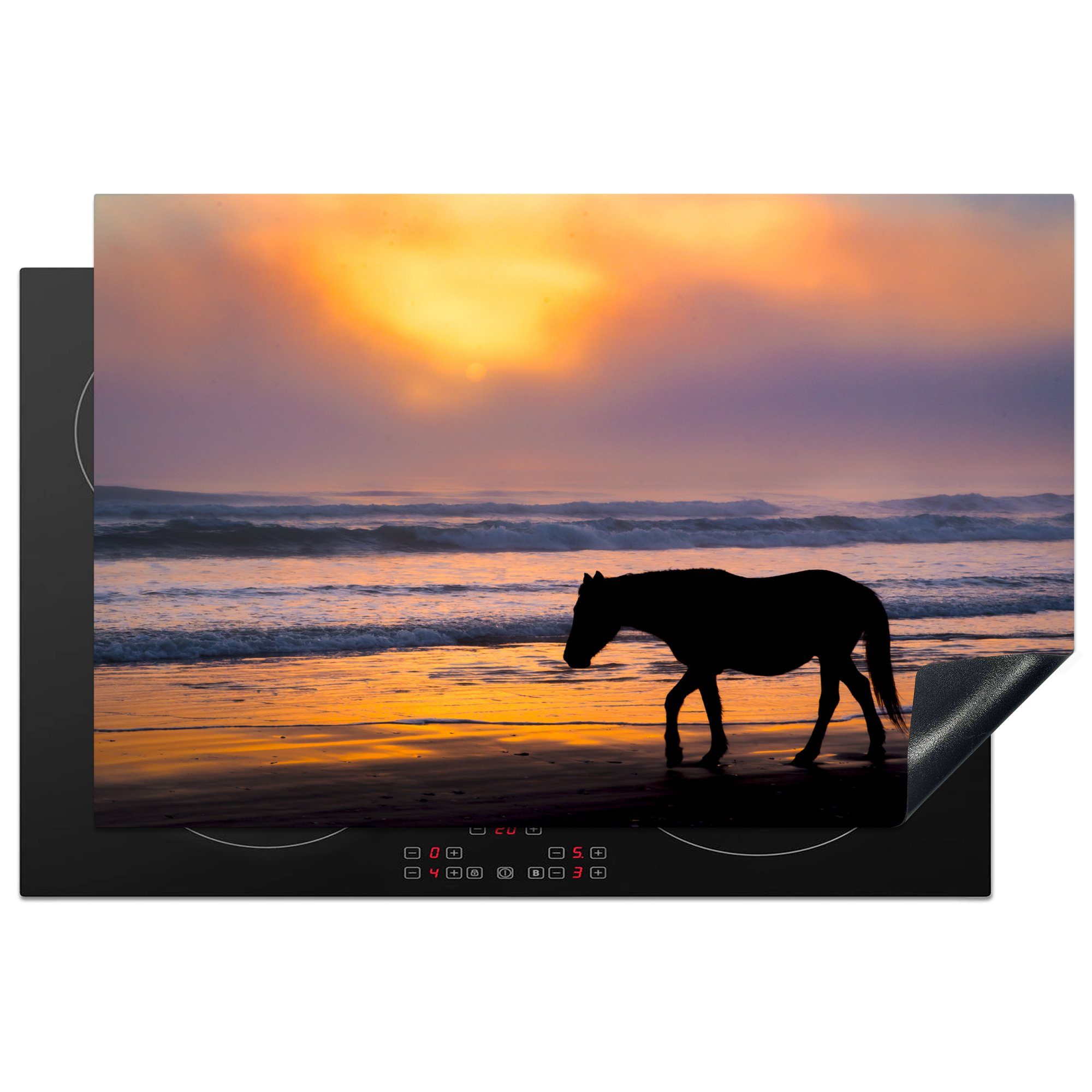 MuchoWow Herdblende-/Abdeckplatte Pferd bei Sonnenuntergang am Strand, Vinyl, (1 tlg), 81x52 cm, Induktionskochfeld Schutz für die küche, Ceranfeldabdeckung