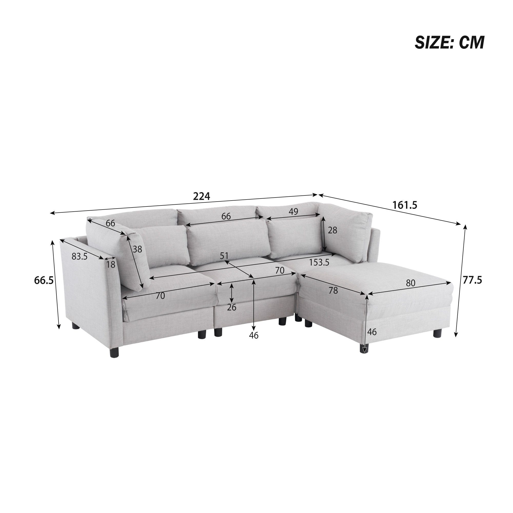 Merax Ecksofa mit abnehmbaren Hellgrau mit Sofagarnitur Kissen, mane, Leinenbezug, mit Couch 3-Sitzer modulare