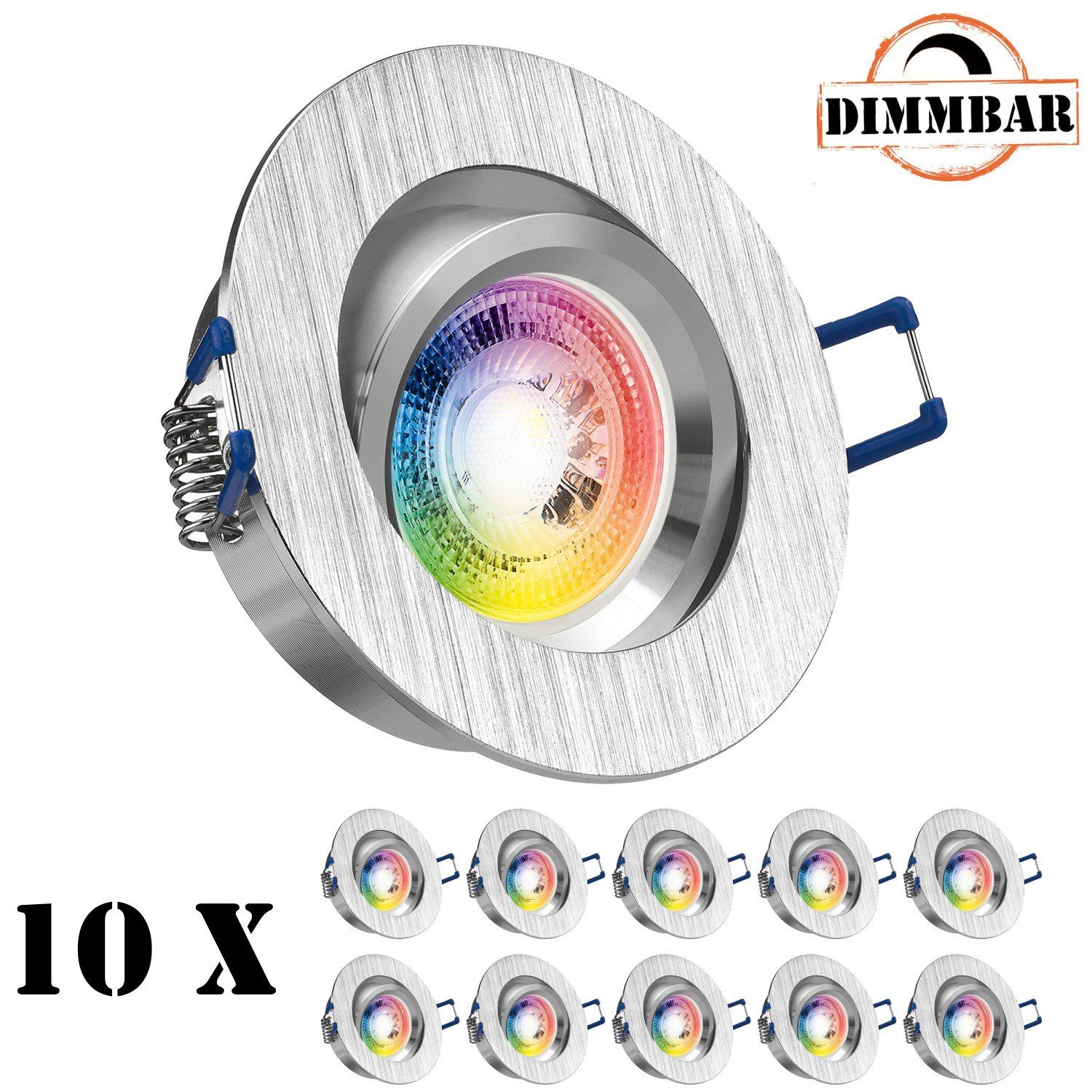 LEDANDO LED Einbaustrahler 10er RGB LED Einbaustrahler Set GU10 in aluminium gebürstet mit 3W LED