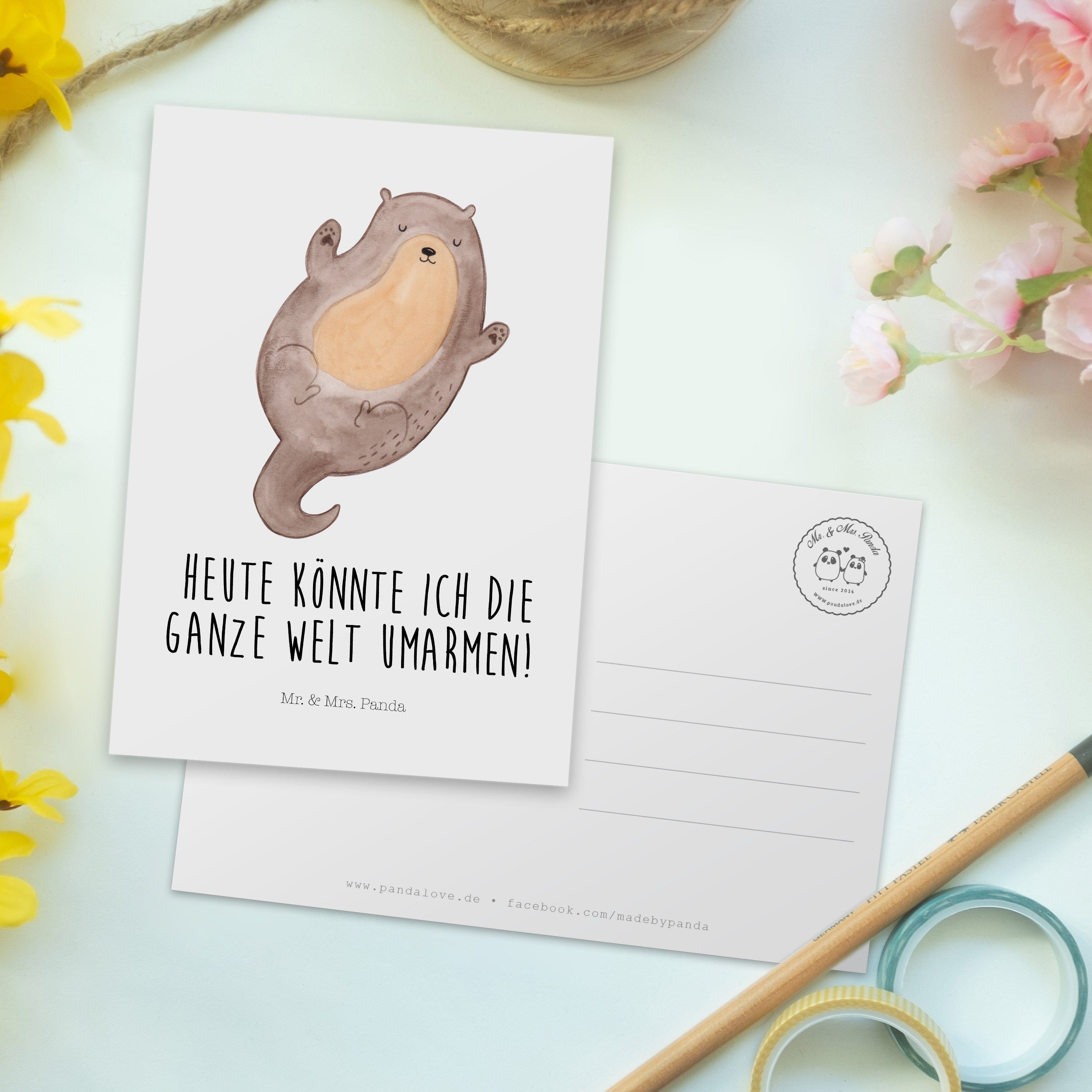 Mr. & Mrs. Panda Postkarte Otter Umarmen - Weiß - Geschenk, Einladungskarte, Geburtstagskarte