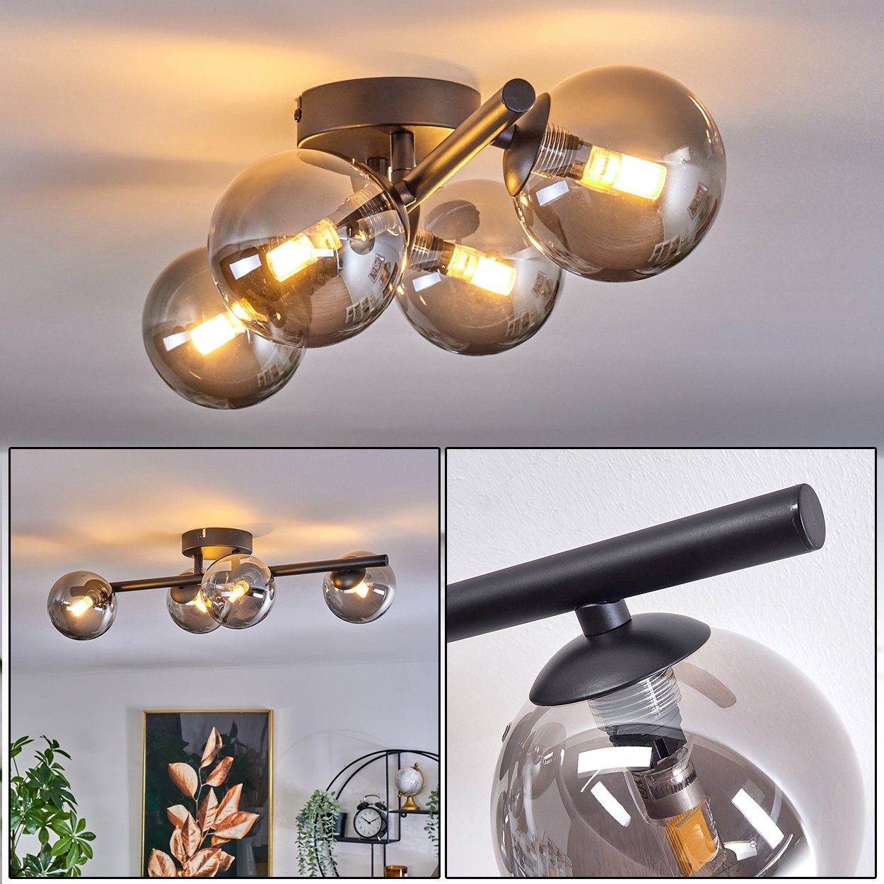 hofstein Deckenleuchte Deckenlampe aus Metall/Glas in Schwarz/Rauchfarben, ohne Leuchtmittel, Leuchte im Retro-Design aus Glas, 4 x G9 LED, ohne Leuchtmittel