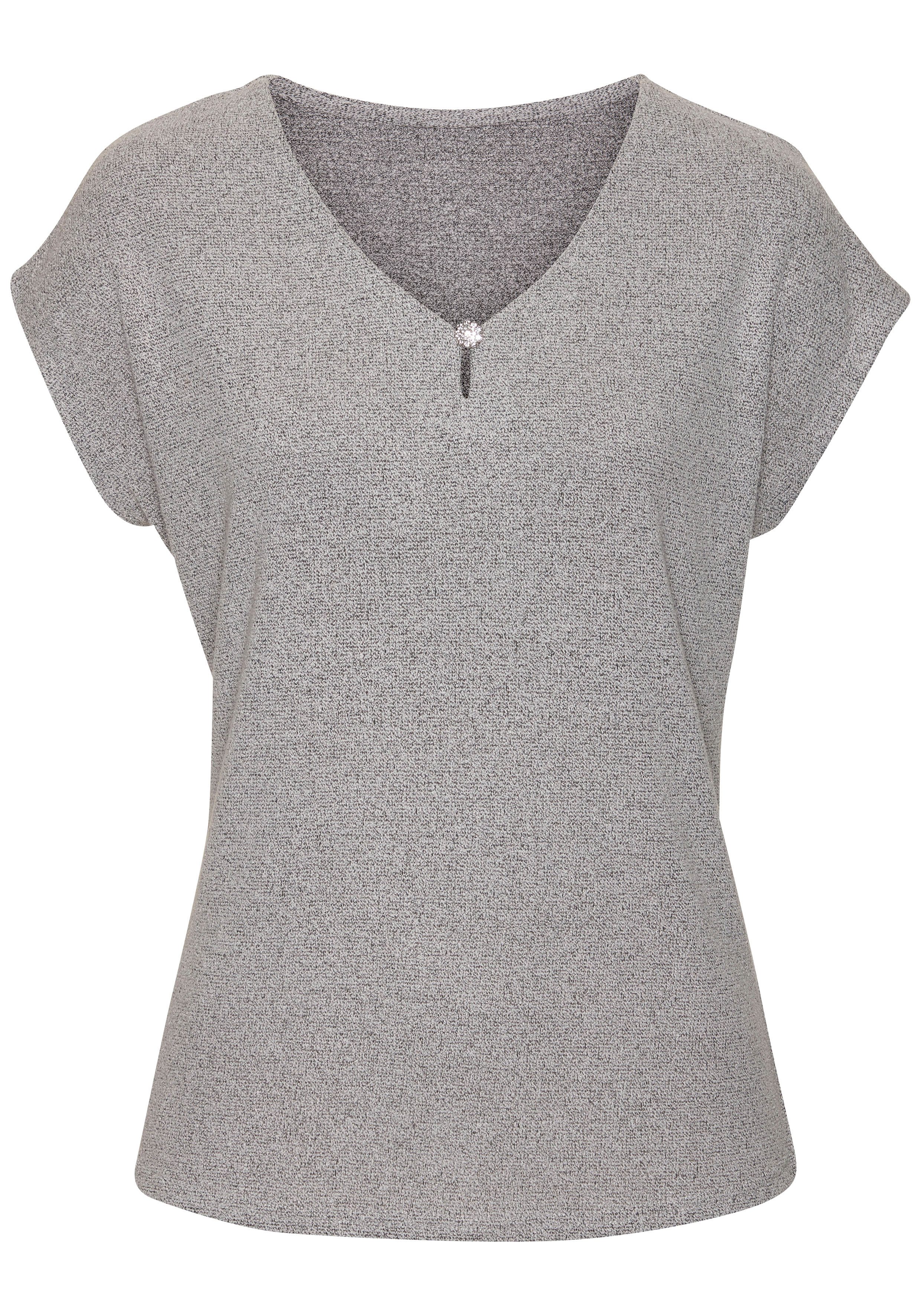 LASCANA Kurzarmshirt mit Strassknopf in Blütenform aus Feinstrick in Melange Optik – Bild 2 von 5
