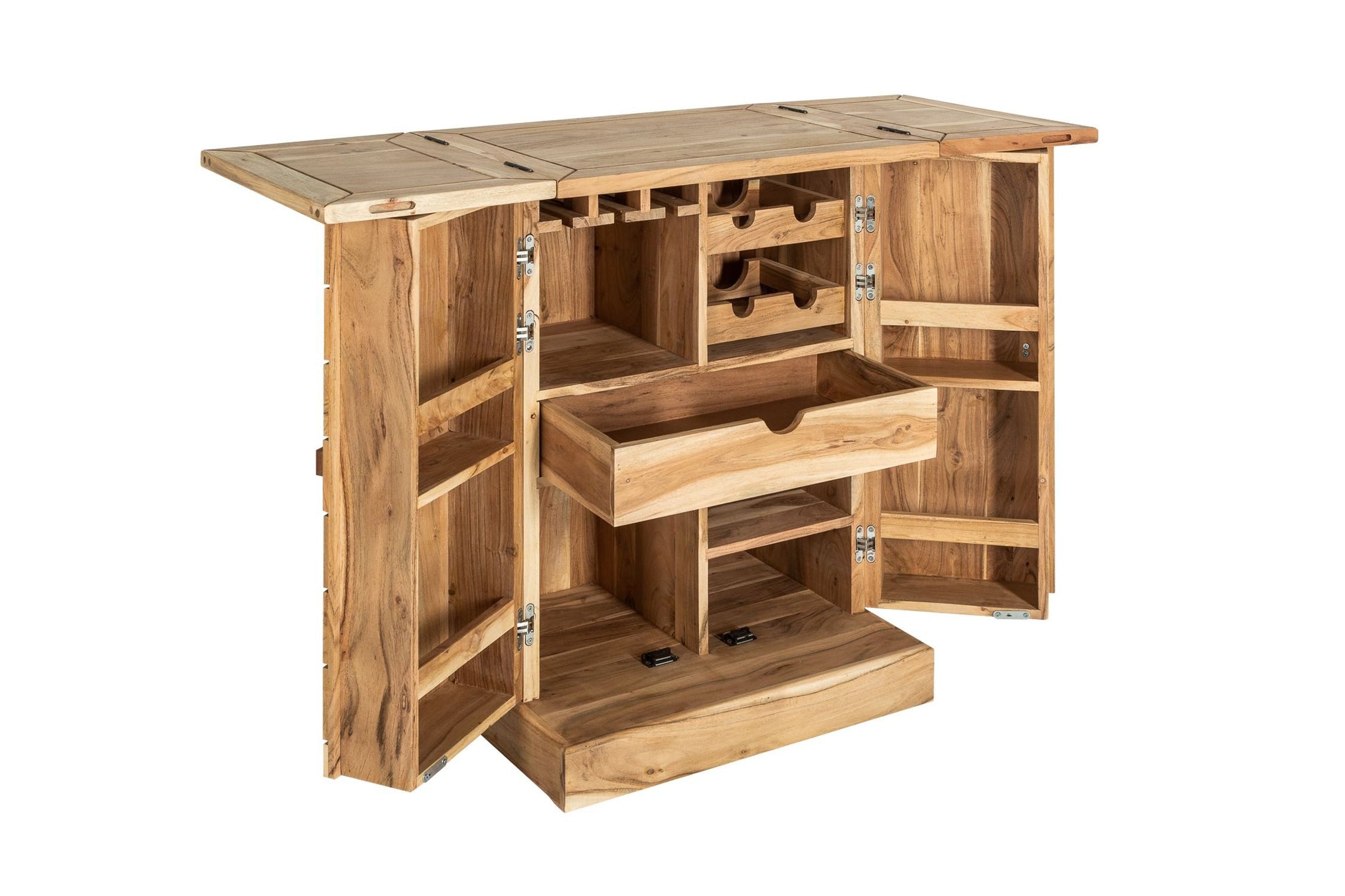 Licht-Erlebnisse Barschrank MARIS Massivholz Akazie 650-1300 x 90 cm mit Schublade aufklappbar