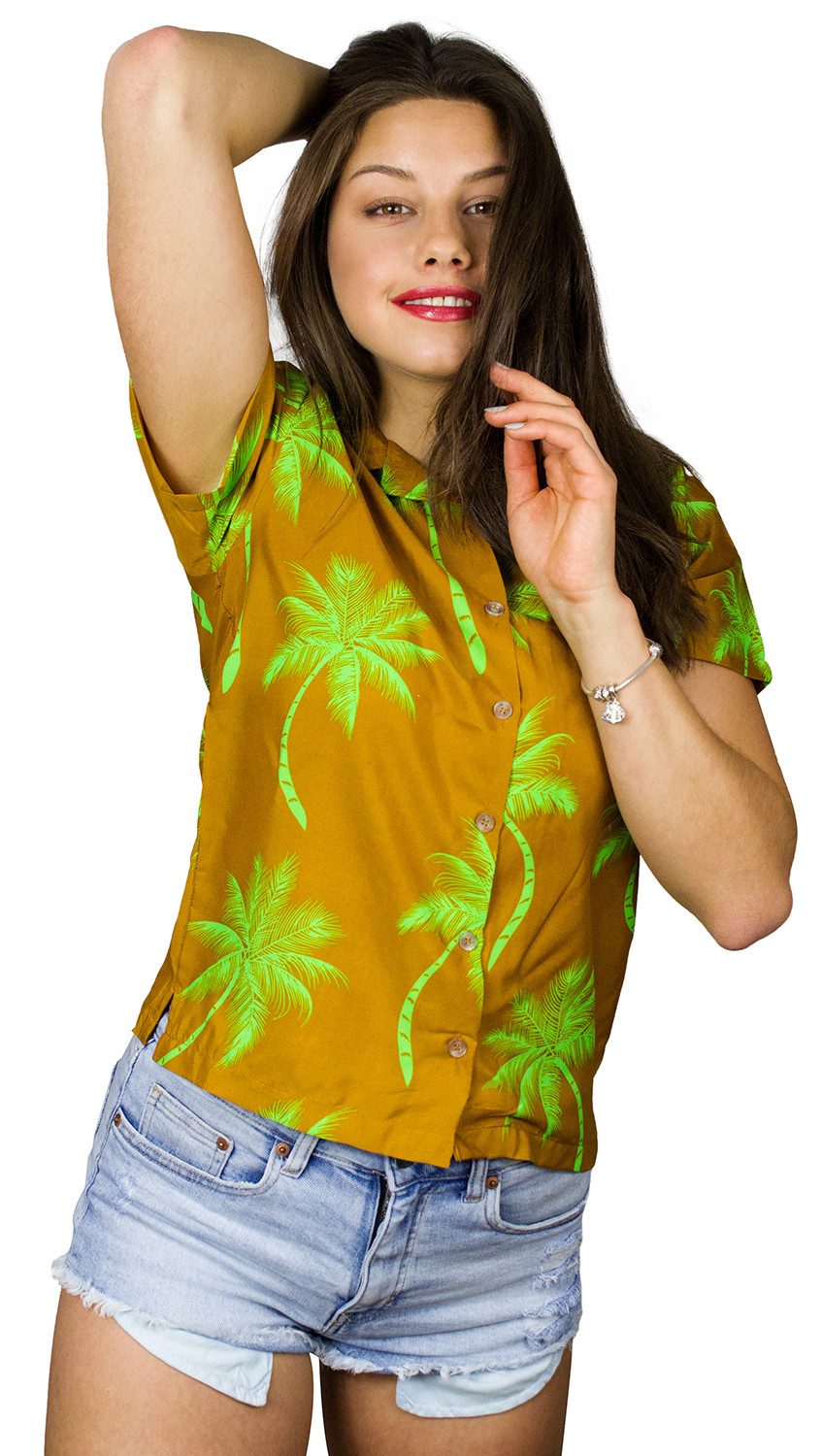 King Kameha Hawaiihemd Palmshadow Funky Hawaiibluse Damen Kurzarm Front-Tasche Stylish