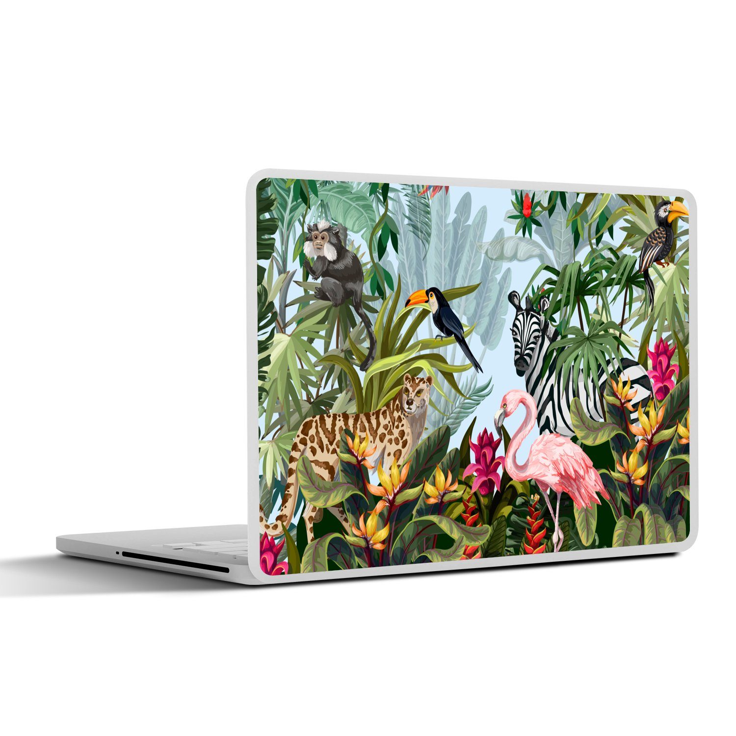 MuchoWow Laptop-Aufkleber Dschungel - Natur - Jungen - Mädchen - Kinder - Zebra - Flamingo, (1tlg), Laptop Folien Cover, Aufkleber, Sticker, Schutz vor Kratzern, 25x18 cm