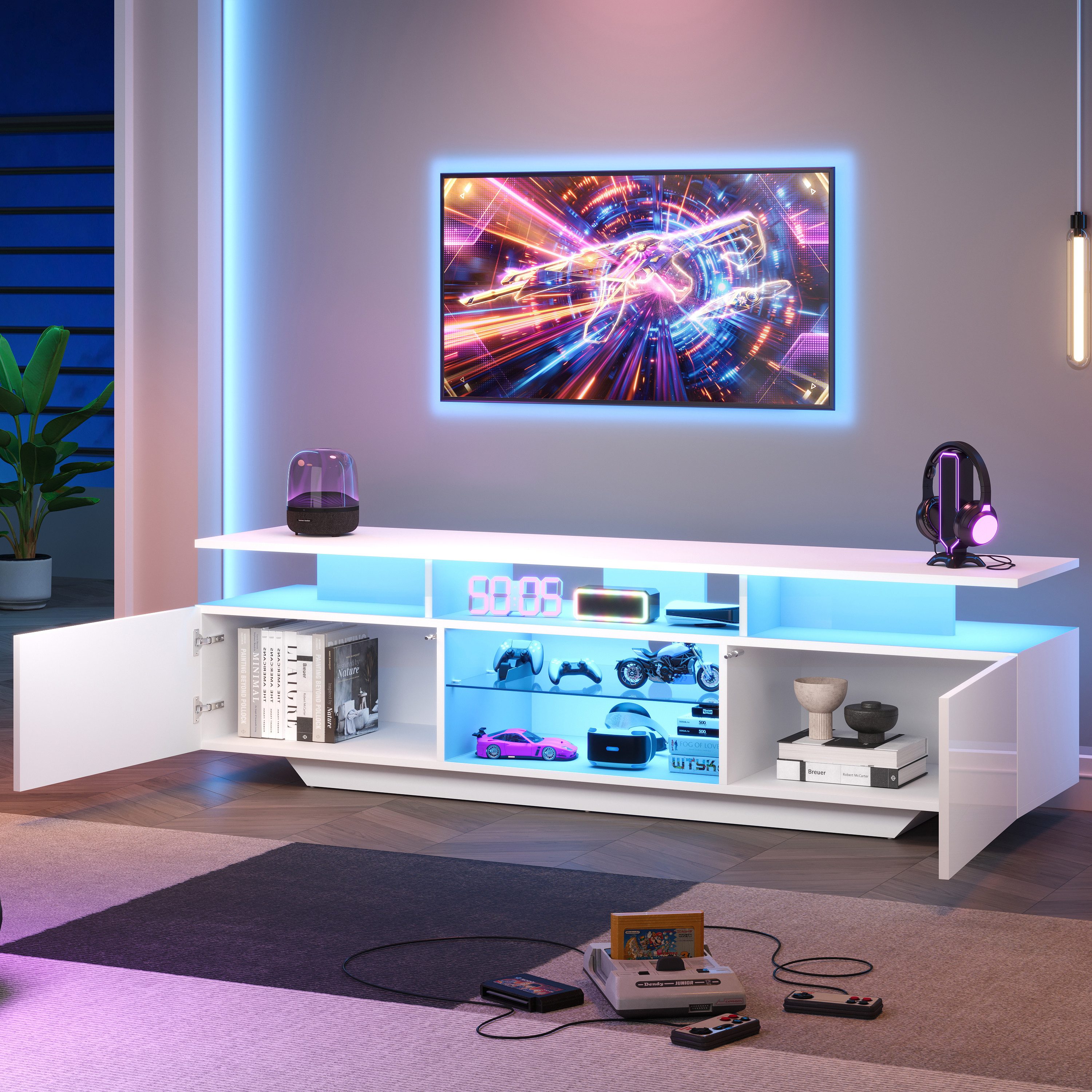 STILVORA Lowboard mit LED-Beleuchtung,TV-Schrank TV-Lowboard mit Ablageflächen&Glasregal