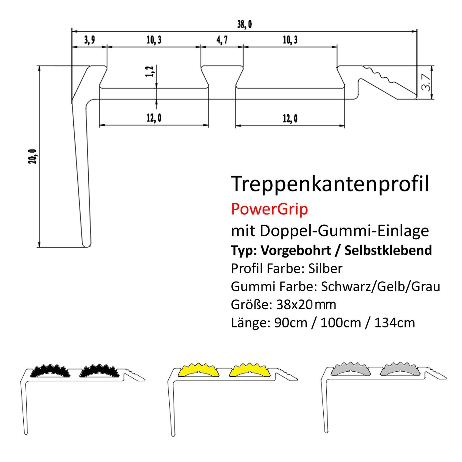 Floordirekt Treppenkantenprofil Power Gril Doppelgummieinlagen, 3 Farben & 3 Größen, Treppenprofil, Kleben