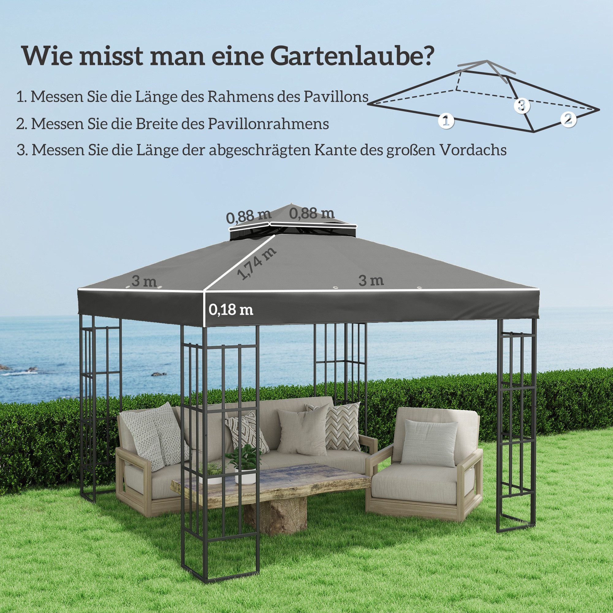 Outsunny Pavillon-Ersatzdach 3 x 3 m, wasserdicht, 370 g/m², 300 x 300 cm (Regenschutz Ersatzbezug, Ersatzdach Schutzhaube), aus Oxford-Stoff, 370 g,m², Dunkelgrau
