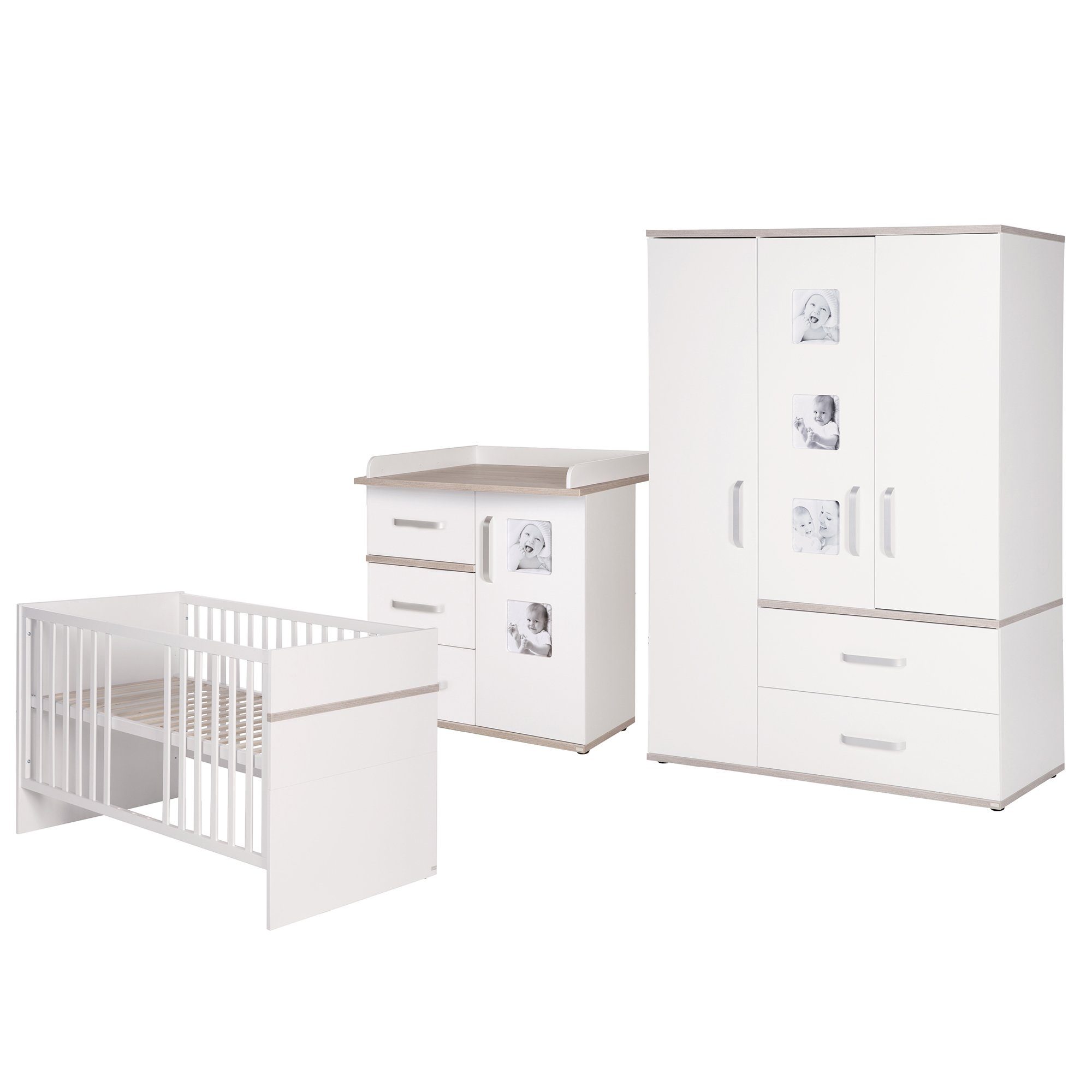 roba® Babyzimmer-Komplettset Moritz mit Bilderrahmen, Gitterbett, Wickelkommode & Drehtürenschrank