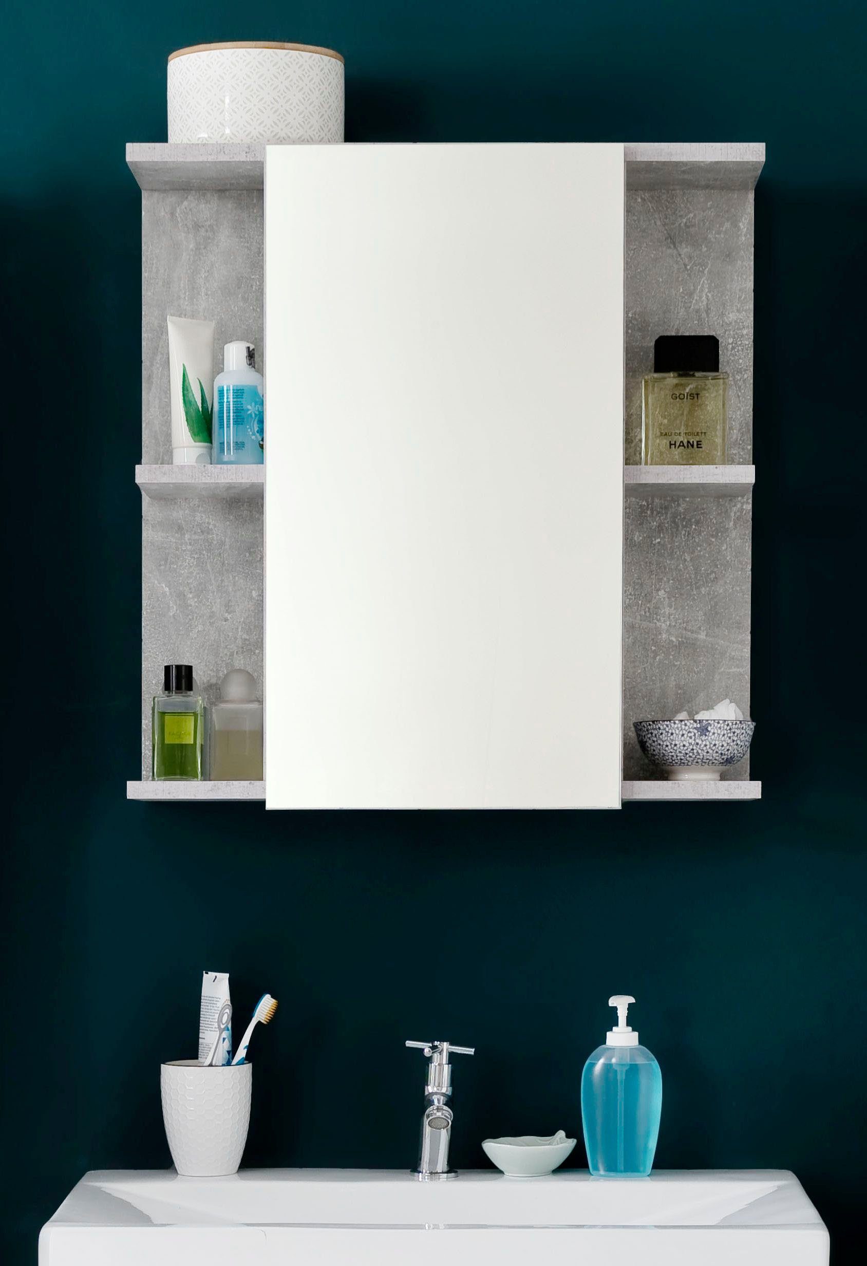 trendteam Spiegelschrank (2-St) Badspiegel mit Spiegeltür in Weiß Hochglanz/Beton - inklusive Leuchte