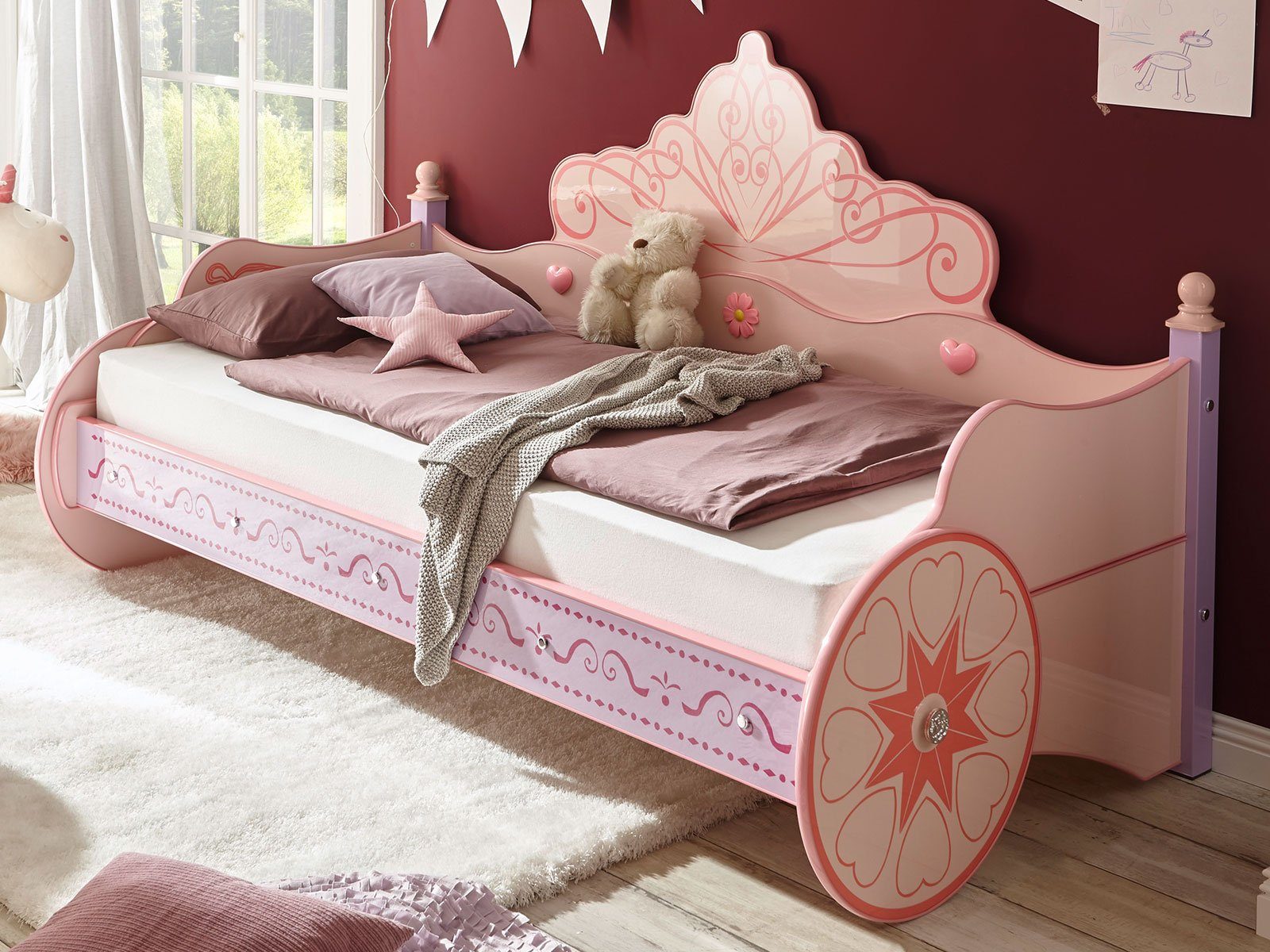 möbelando Kinderbett Papirette, Modernes Kinderbett aus MDF Glanz lackiert in verschiedenen Pink- und Rosatönen. Liegefläche 90x200 cm. Breite 104,5 cm, Höhe 120 cm, Tiefe 211,5 cm