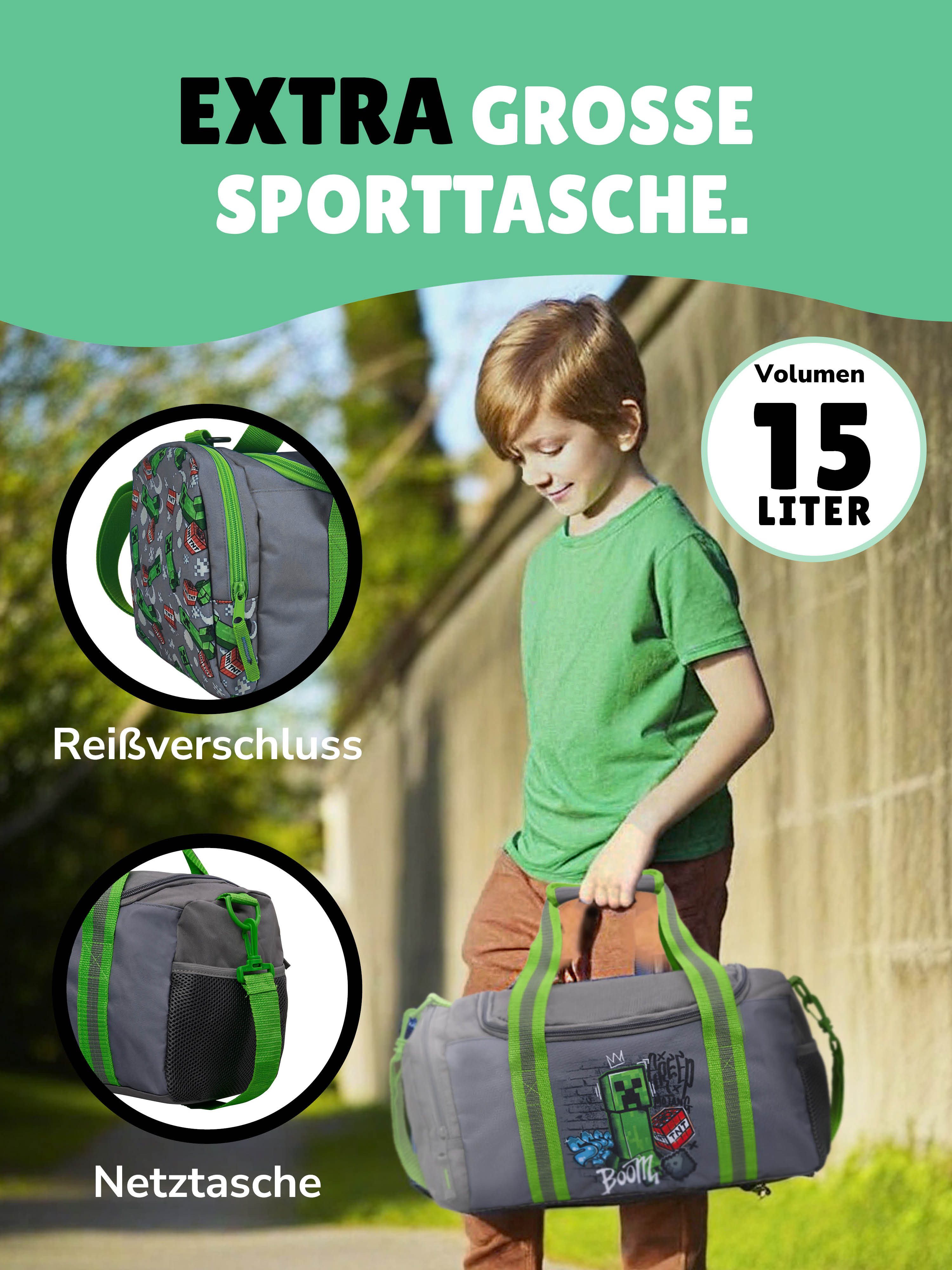 Familando Schulranzen Minecraft Set 6-teilig für 1. Klasse, Ergonmisch, Kompakt, Geräumig (Set, 6-tlg., mit Sporttasche), mit großer Sporttasche und gefüllter Federmappe