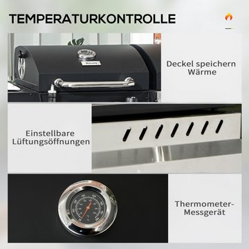 Outsunny Gasgrill Grillwagen mit 2+1 Brenner, Thermometer, 3kW BBQ Grill, Holzkohlgrill, Campinggrill, für Garten, Balkon, Schwarz