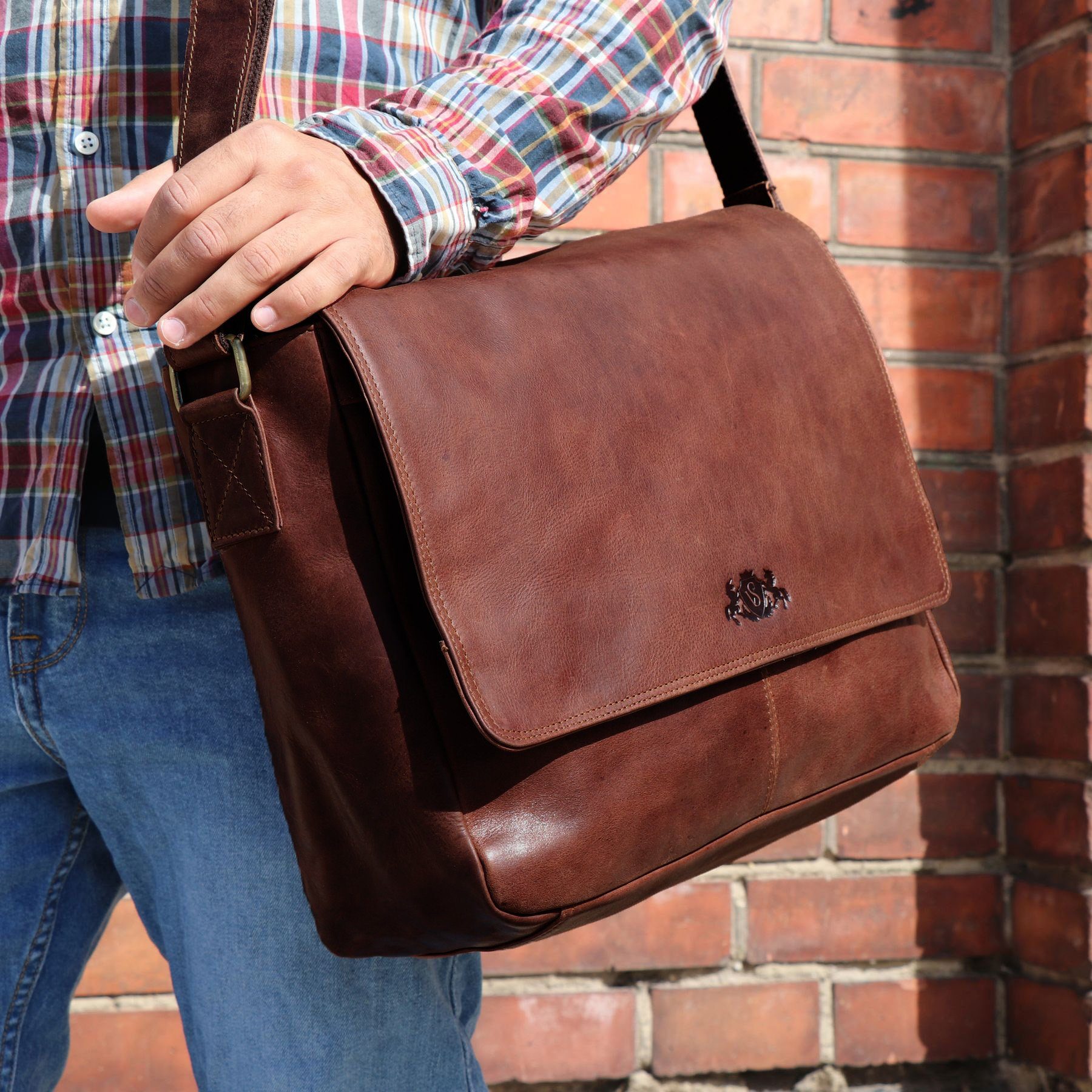 SID & VAIN Messenger Bag SPENCER XL groß Laptop-Tasche 15 Zoll echt Leder, Umhaengetasche Laptop Fach Herren Damen Schultertasche braun