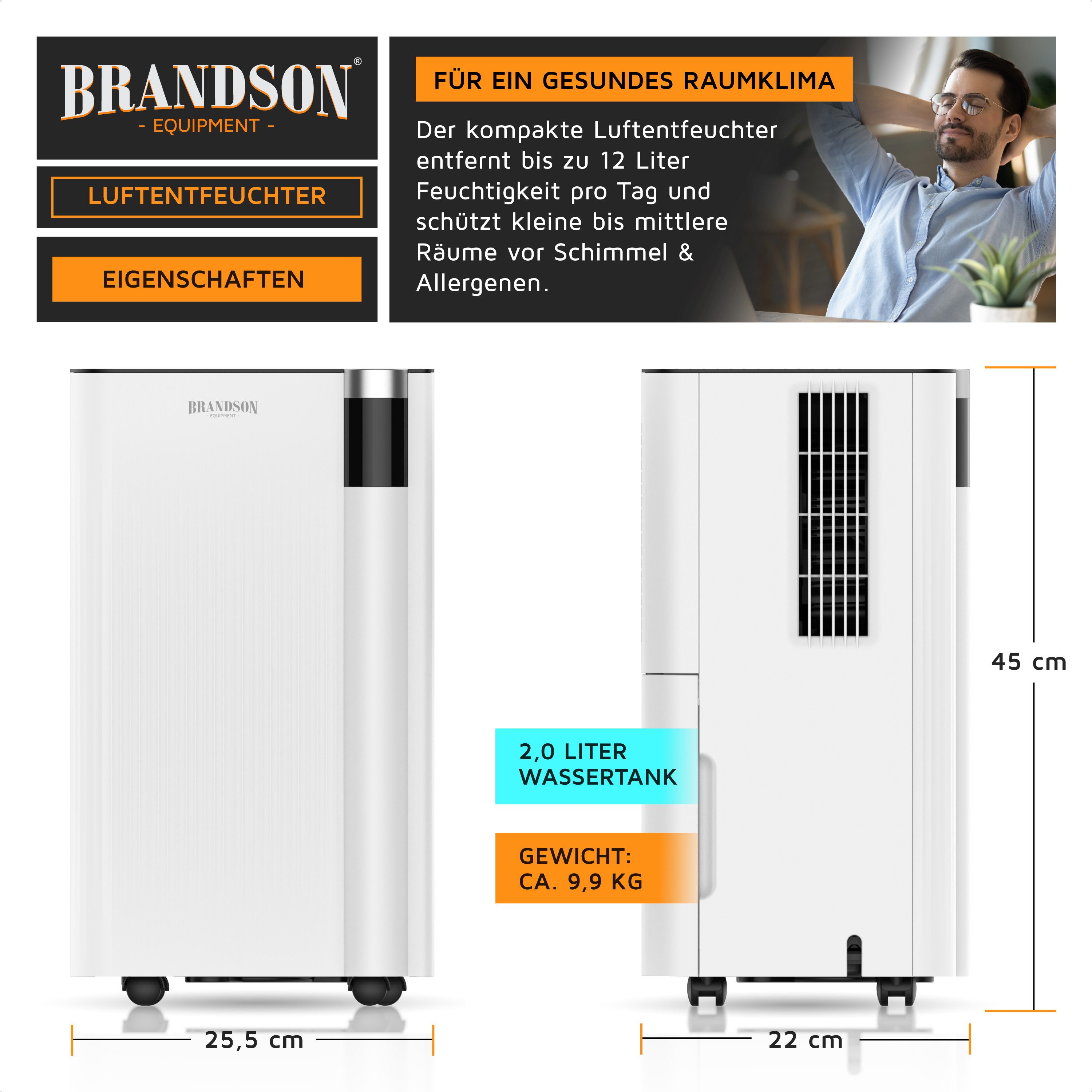 Brandson Luftentfeuchter Kompressor, WLAN, 12 L pro 24 h, 2 L Wassertank, bis 25 m², Entfeuchtung 12 l/Tag, Tank 2 l, App-Steuerung, Alexa, Timer 1–24 h, 3 Modi, Ablaufschlauch