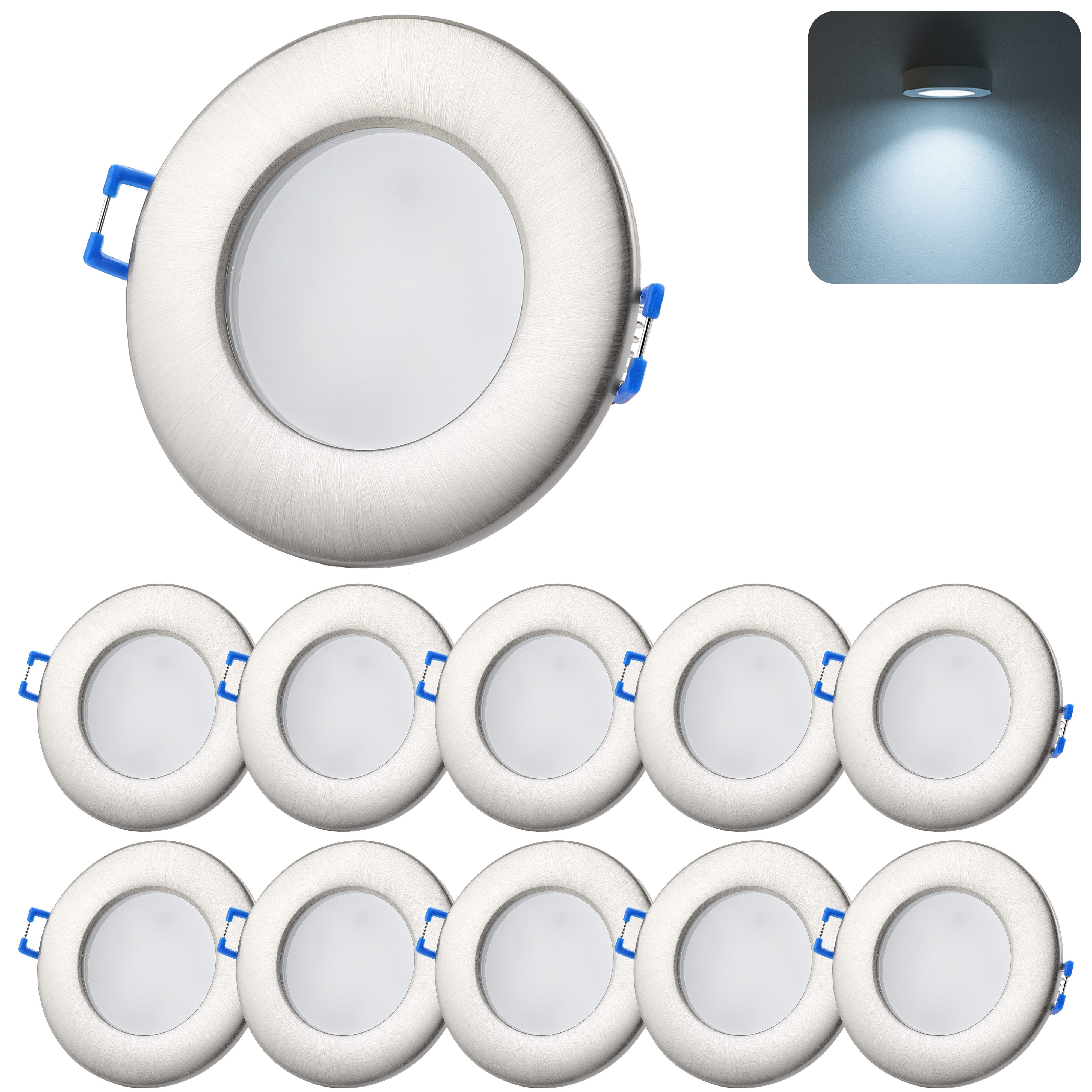 Sweet LED LED Einbaustrahler 10er SET 6500K kaltweiß 6,5W flach Chrom Bad Einbauspots IP44 230V, Kaltweiß, 6500K, Deckenspots, Ø 85 mm, Einbauleuchte