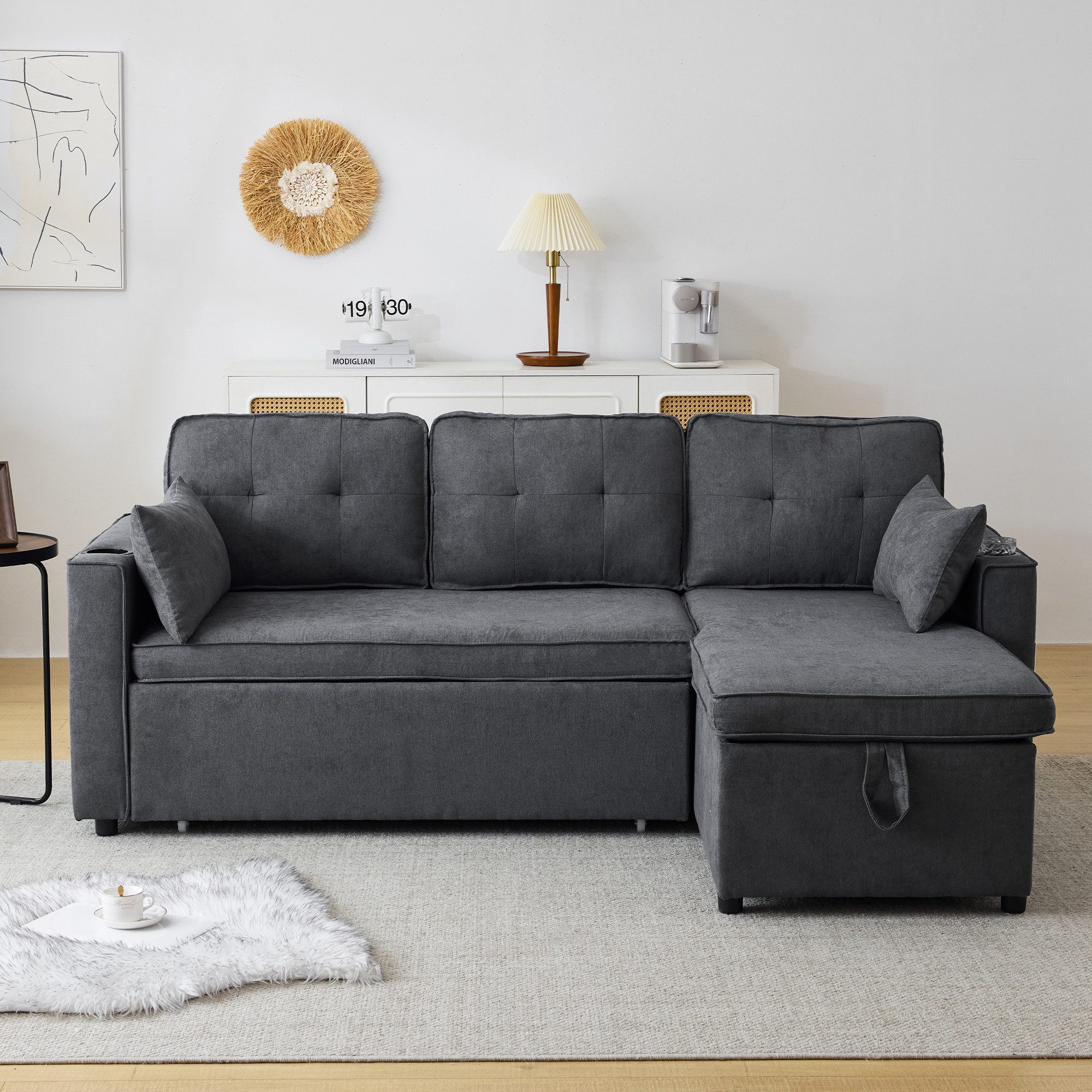 STILVORA Schlafsofa Ecksofa mit Getränkehalter&Stauraum,Polstersofa Leinen, günstig online kaufen