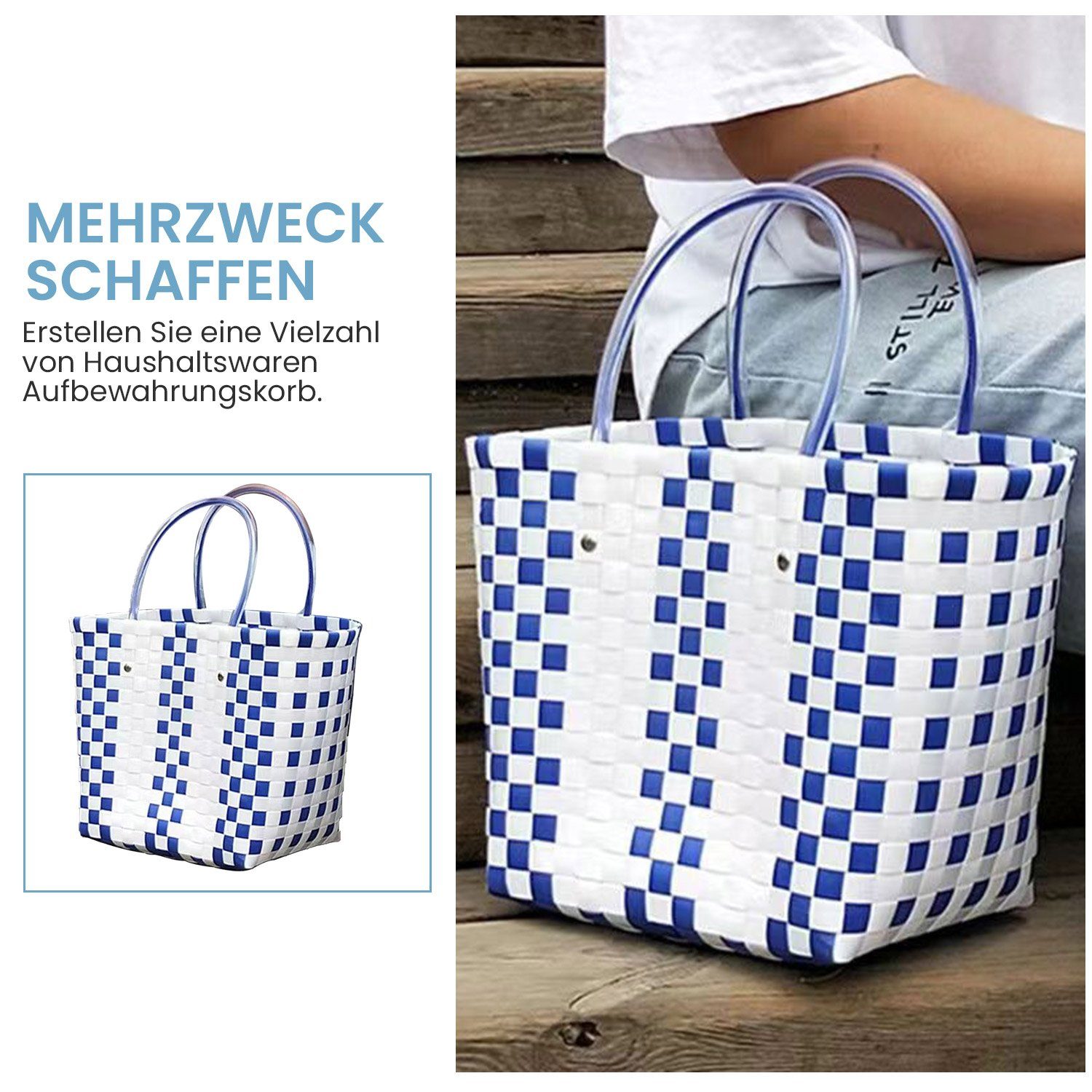 MAGICSHE Einkaufskorb Strandtasche handgewebter Korb Eikaufskorb, Gewebte Einkaufstasche mit Griff