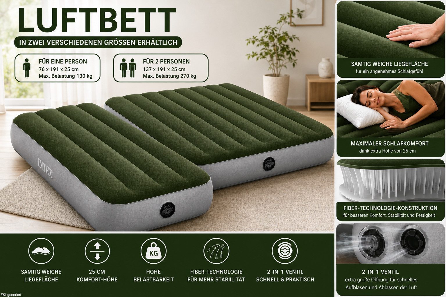 Intex Luftbett mit samtig weiche Liegefläche, Fiber-Technologie für Stabilität - Einzelbett oder Doppelbett