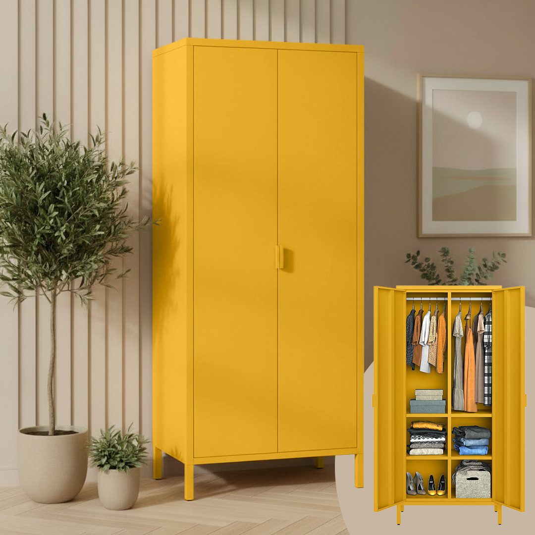 skølm Kleiderschrank Ituri aus Metall (Senfgelb) Metallschrank mit 6 Fächern & 2 Kleiderstangen, 170x80x45 cm