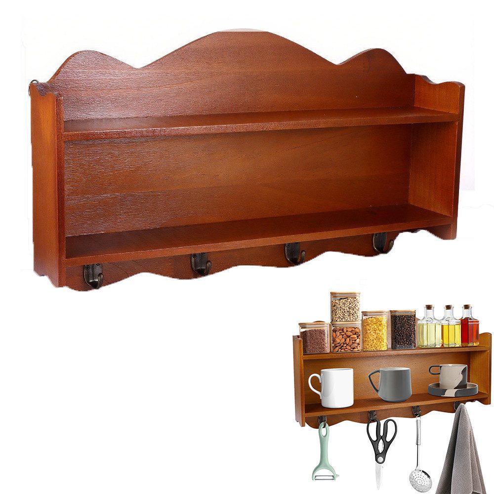 BlingBin Gewürzregal Wandregal Holz mit 2 Ablagen & 4 Haken, Rustikales Küc günstig online kaufen