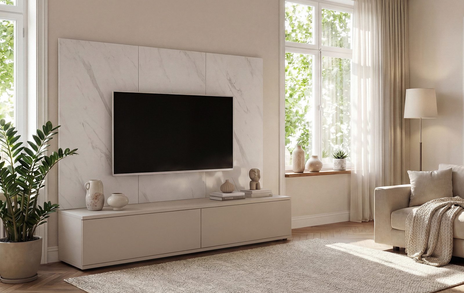 Inn.Furn Lowboard Charm (Set mit Wandpaneel in Kaschmir und Marmor Weiß, 2 St., Breite 180 cm), Push-To-Open und Soft-Close-Funktion