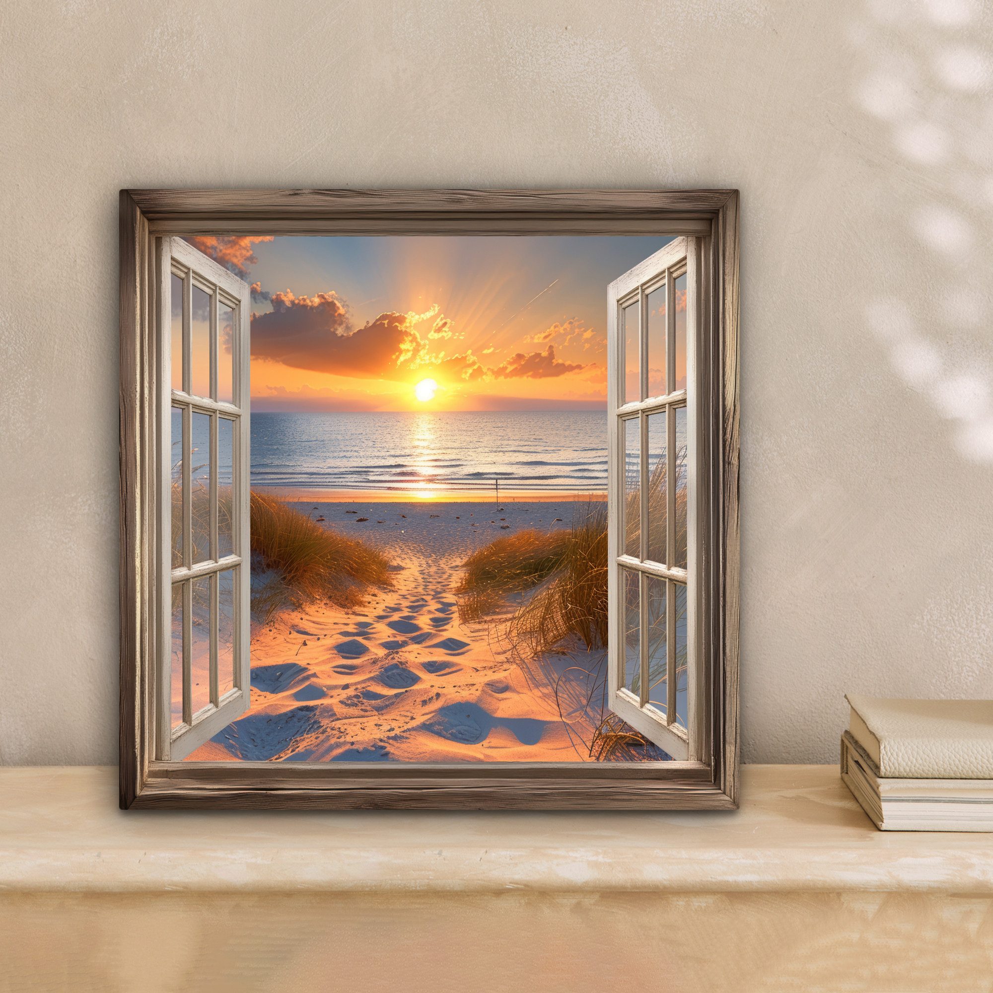 OneMillionCanvasses® Leinwandbild Durchblick - Strand - Dünen - Sonnenuntergang, Fotodruck (1 St), Wandbild, Deko Schlafzimmer Wohnzimmer Flur 20x20 cm