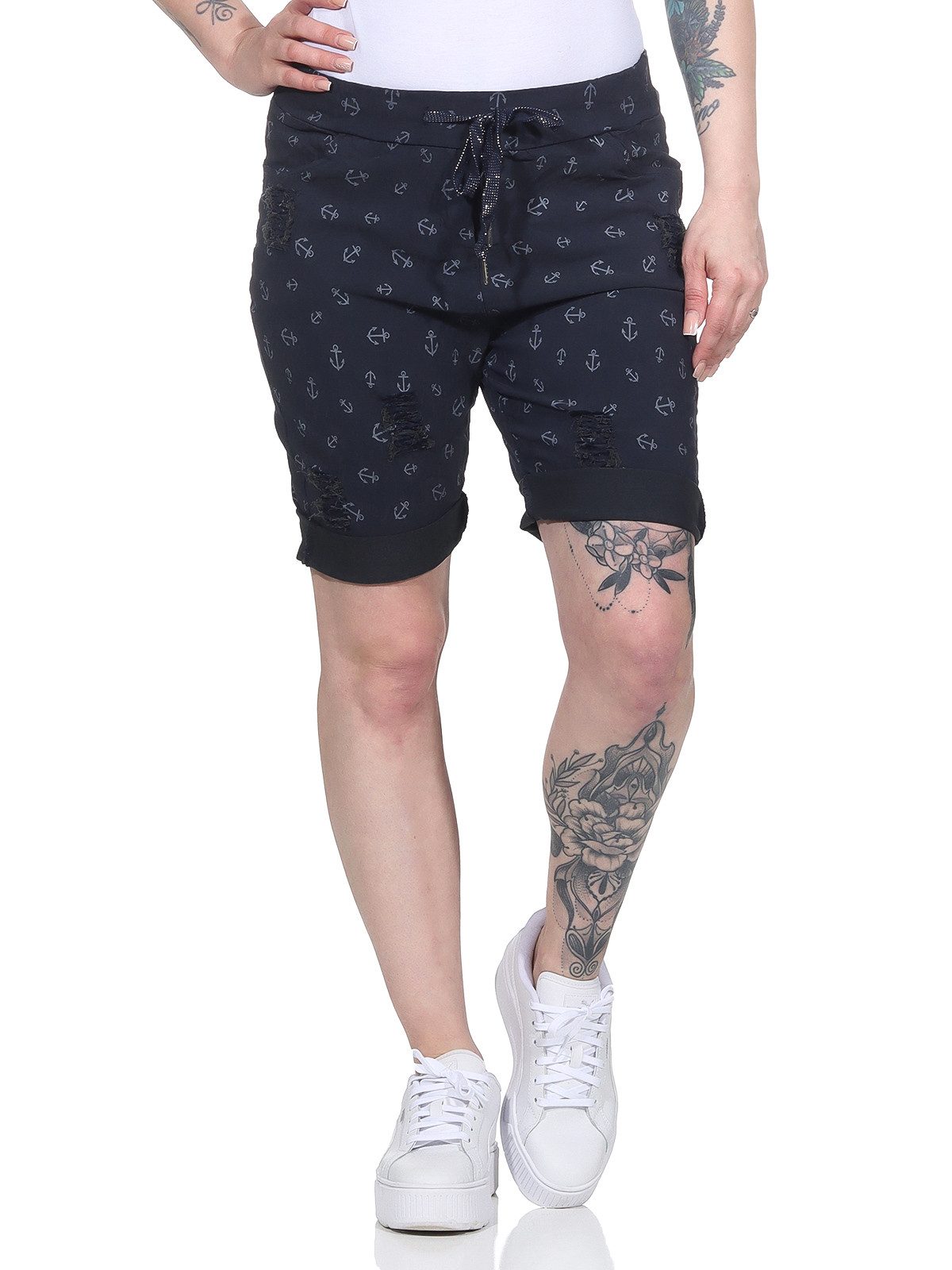 Aurela Damenmode Chinoshorts Kurze Damen Hose Sommer Chino maritime Bermuda moderne Knitteroptik, Vintage, mit Gummibung & Kordelzug