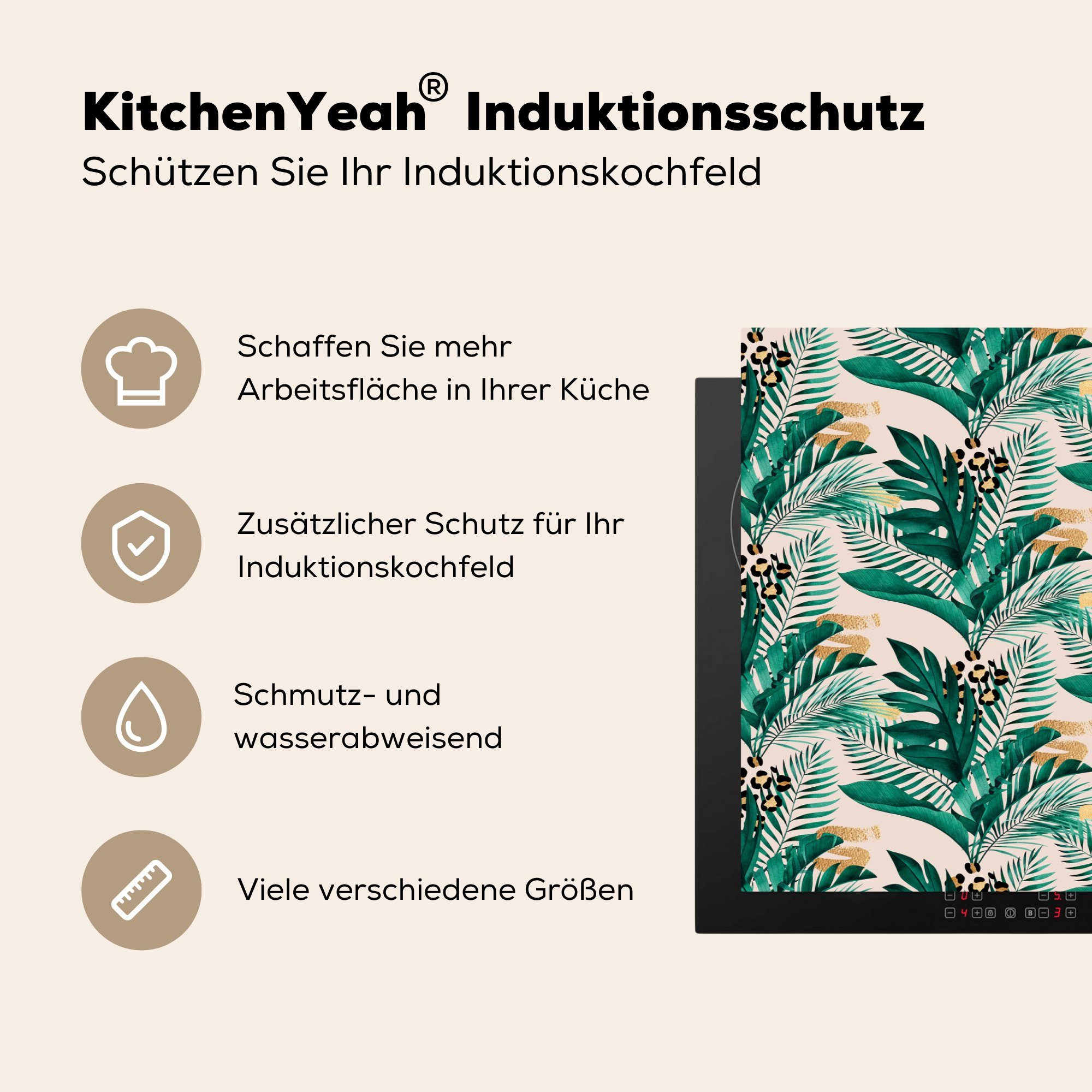 - - küche, 81x52 Pantherdruck tlg), Ceranfeldabdeckung Herdblende-/Abdeckplatte für Vinyl, die Palmenblatt MuchoWow (1 cm, Schutz Gold, Induktionskochfeld