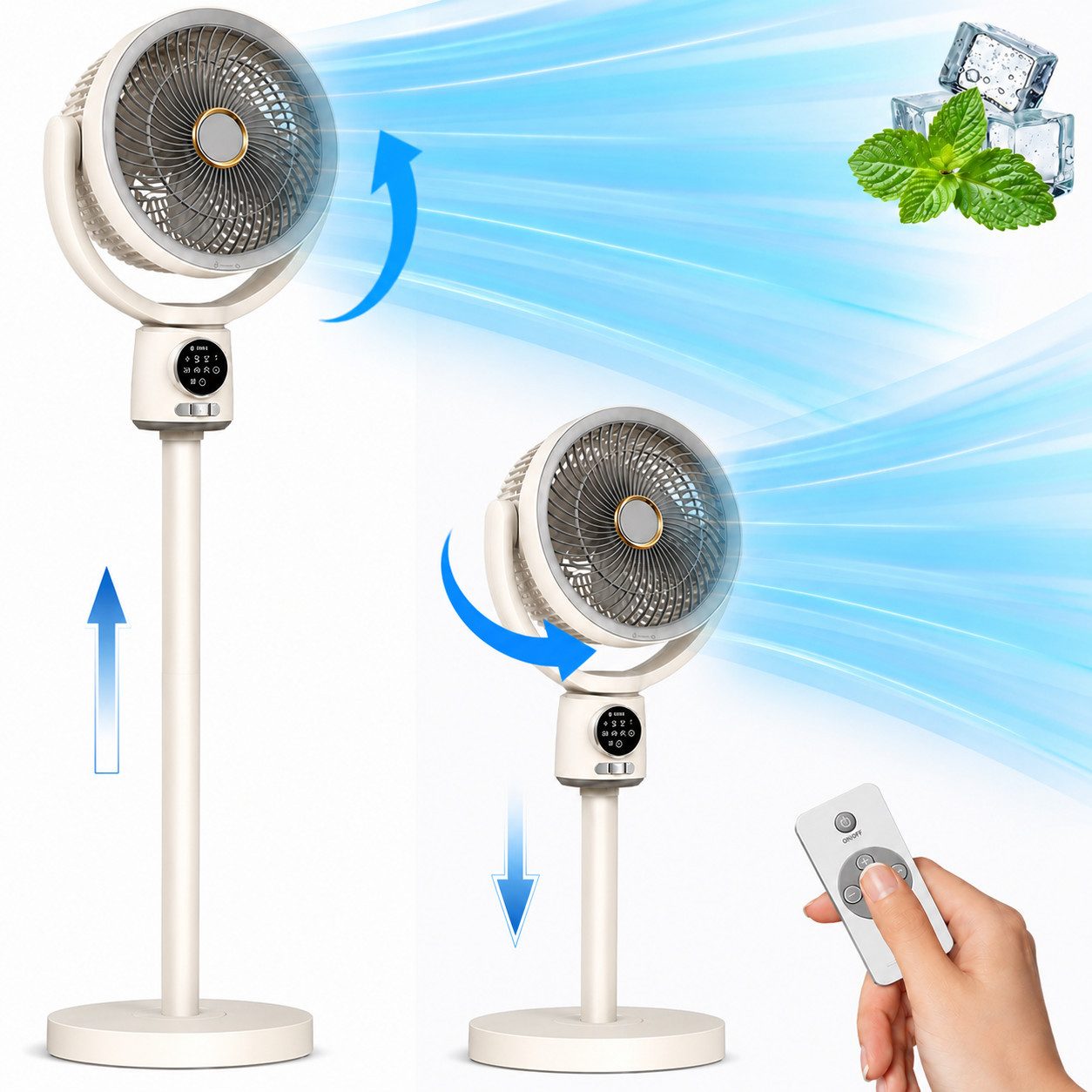 MOPUEA Standventilator Standventilator Tischventilator 5Stufen Fernbedienung höhenverstellbar, 5 Windstufen, 140° Oszillation, 9-h-Timer, Nachtlicht und Akkubetrieb.