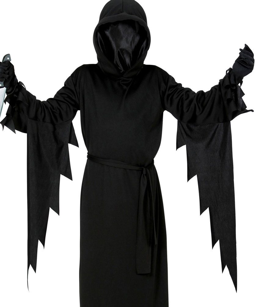 Karneval-Klamotten Kostüm Sensenmann Kinder Jungen Halloweenkostüm Umhang, Halloween Kapuzenumhang schwarz mit unsichtbarer Maske Sense Totenkopf