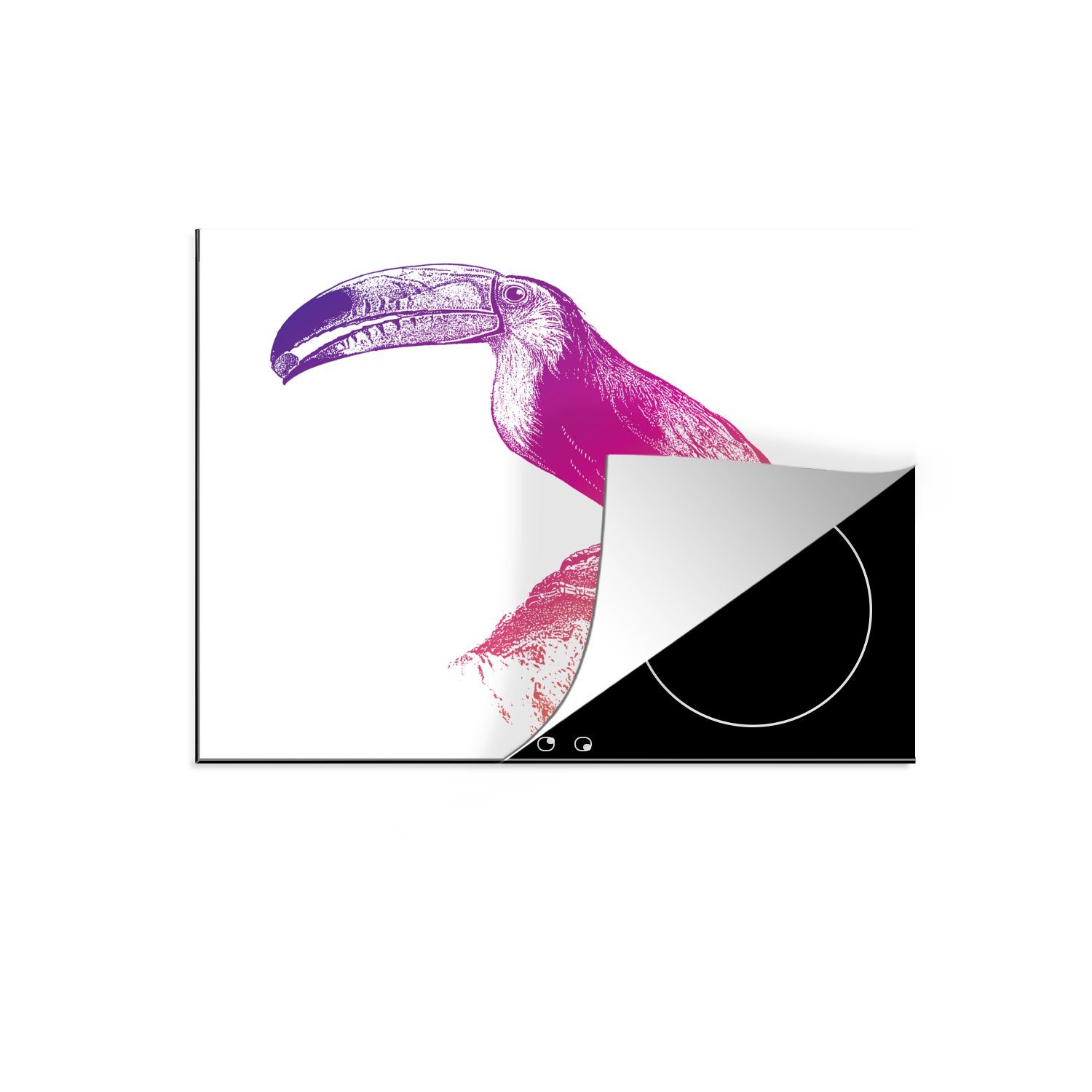 MuchoWow Herdblende-/Abdeckplatte Eine Illustration eines bunten Tukans auf weißem Hintergrund, Vinyl, (1 tlg), 60x52 cm, Mobile Arbeitsfläche nutzbar, Ceranfeldabdeckung