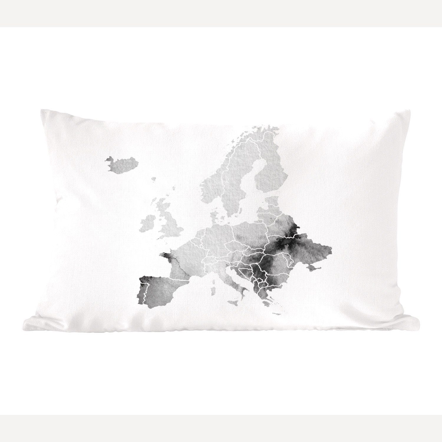 MuchoWow Dekokissen Europa-Karte in hellgrauer Aquarellfarbe - schwarz und weiß, Wohzimmer Dekoration, Zierkissen, Dekokissen mit Füllung, Schlafzimmer