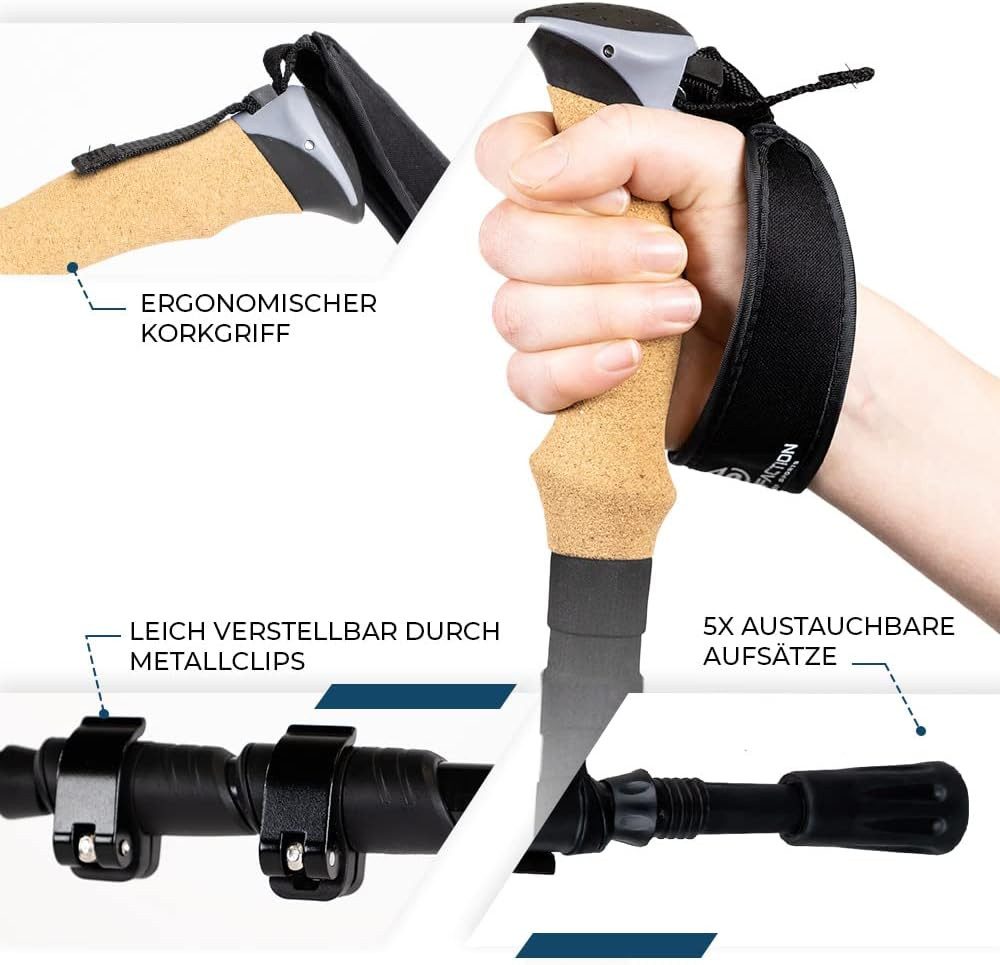 Sportisfaction Wanderstöcke Carbon Wanderstöcke Ultraleicht 260g Teleskop Trekkingstöcke 63-140cm, Ergo-Korkgriff Inkl. 5 Paar Aufsätze & Tasche Metall-Clip Ver – Bild 4 von 5