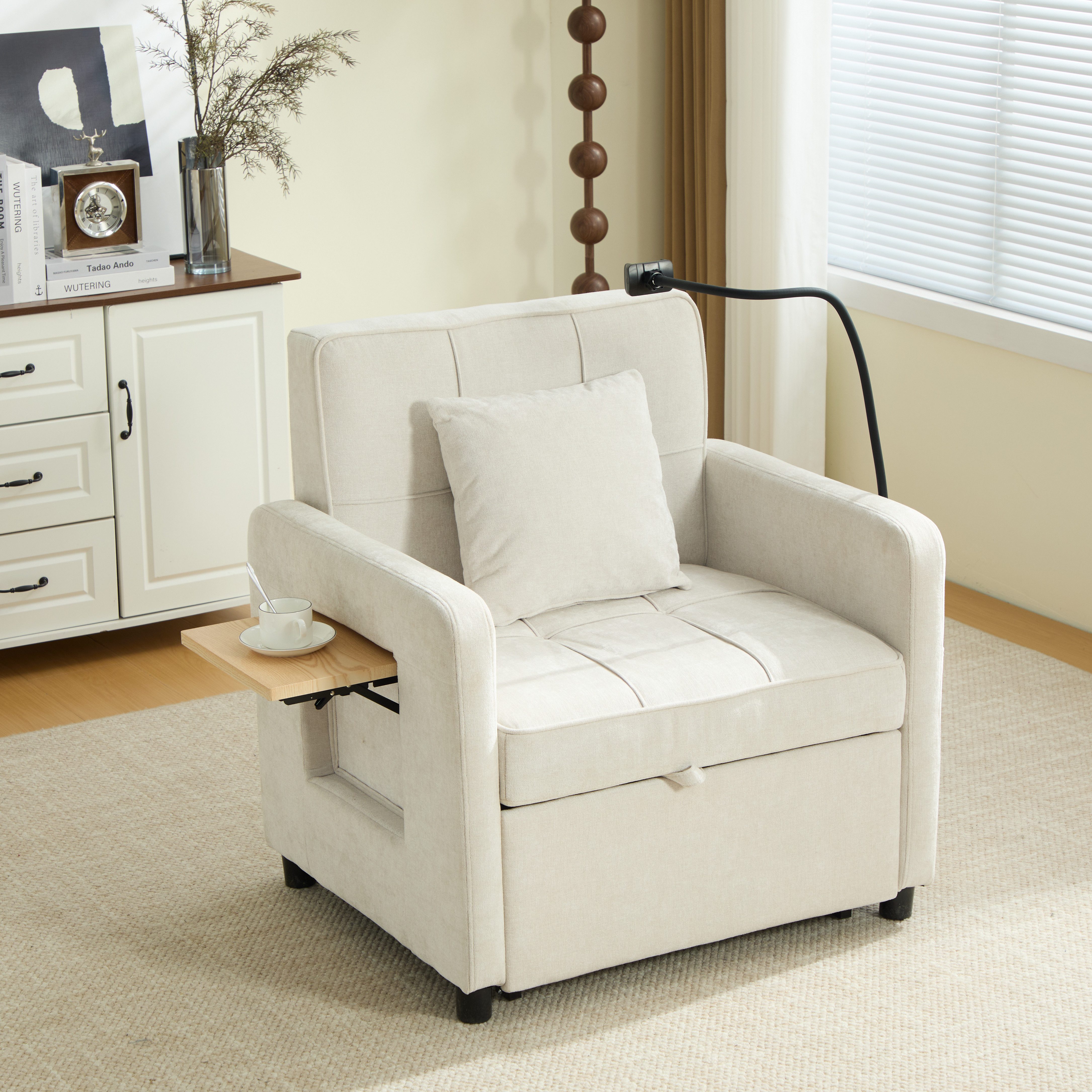 Celya Sessel Schlafsessel, Einzelschlafsofa mit Kissen und Seitentaschen (mit Tischchen und Aufbewahrungstasche), Geeignet für Wohnzimmer, Gästezimmer oder Homeoffice