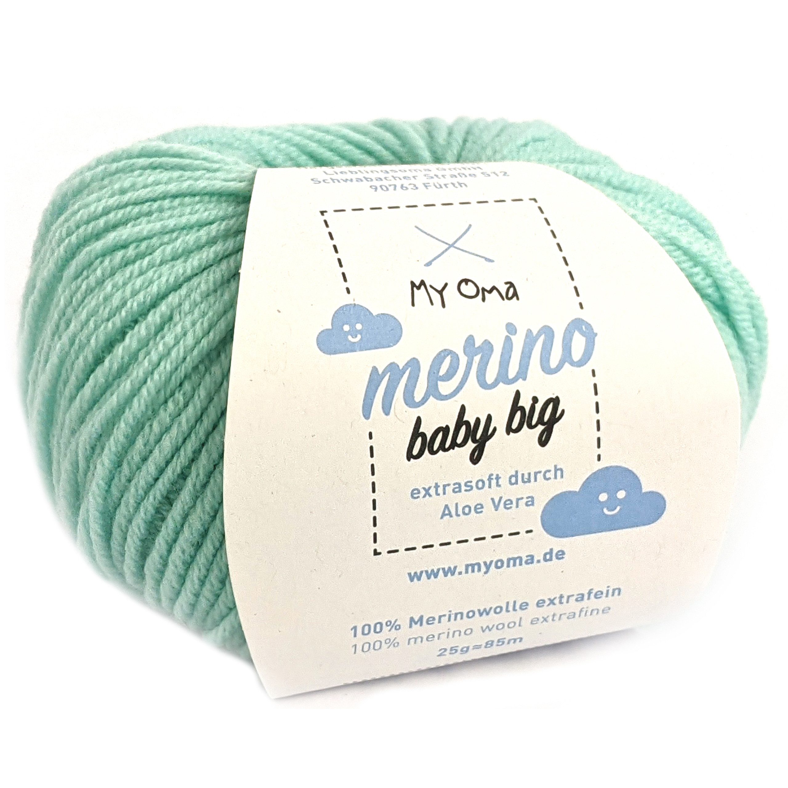 MyOma Wolle Merino Baby Big - Babywolle extrafine zum Stricken Häkelwolle, 85 m (25g, 1-St., zum Stricken und Häkeln, weiche Babywolle), 100% Merinowolle in 6 Farben