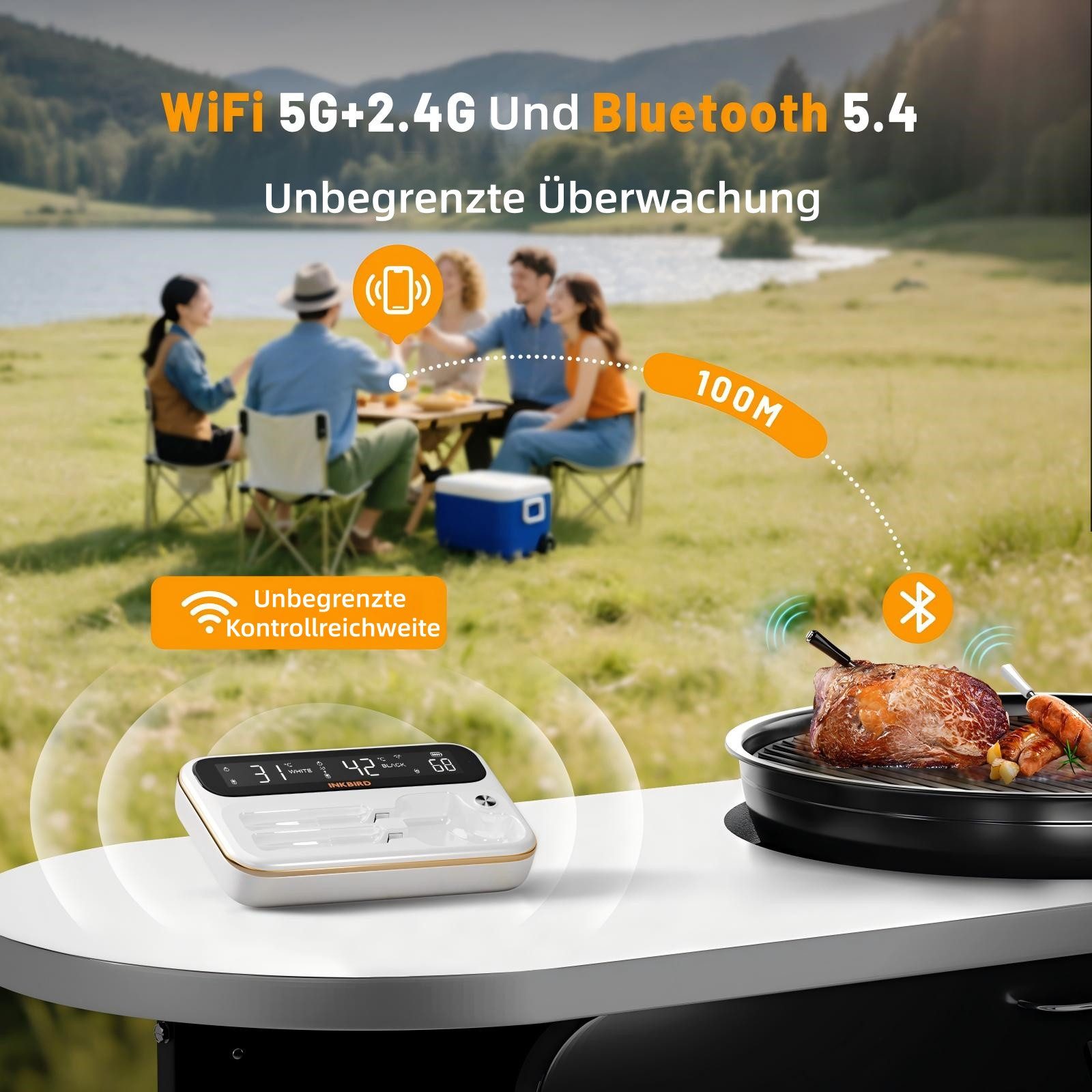 INKBIRD Grillthermometer mit 2 Sonden, Bluetooth Wi‑Fi Kabellos, IP67 wasserdicht, Schwarz, 1-tlg., Ultraklarer Bildschirm