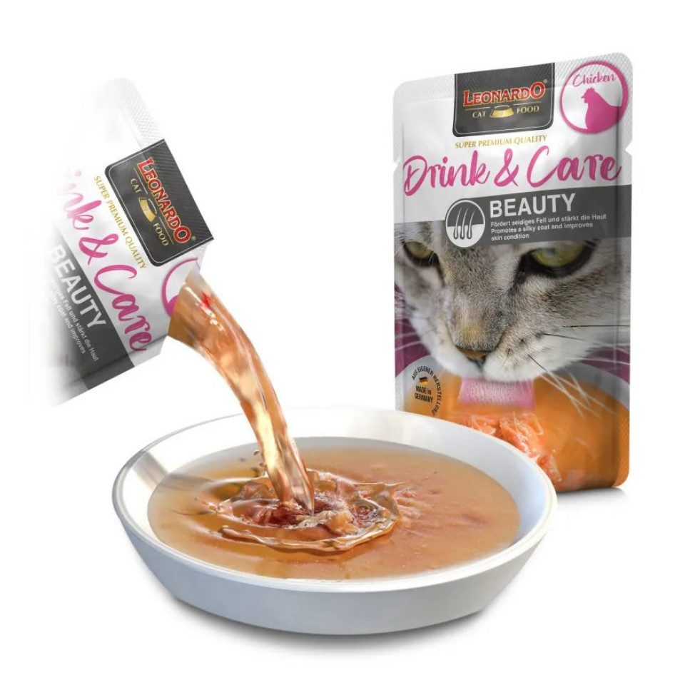 Leonardo Catfood Drink Care Beauty Chicken - fördert seidiges Fell und stärkt die Haut 20x40g, Nassfutter für: Katzen