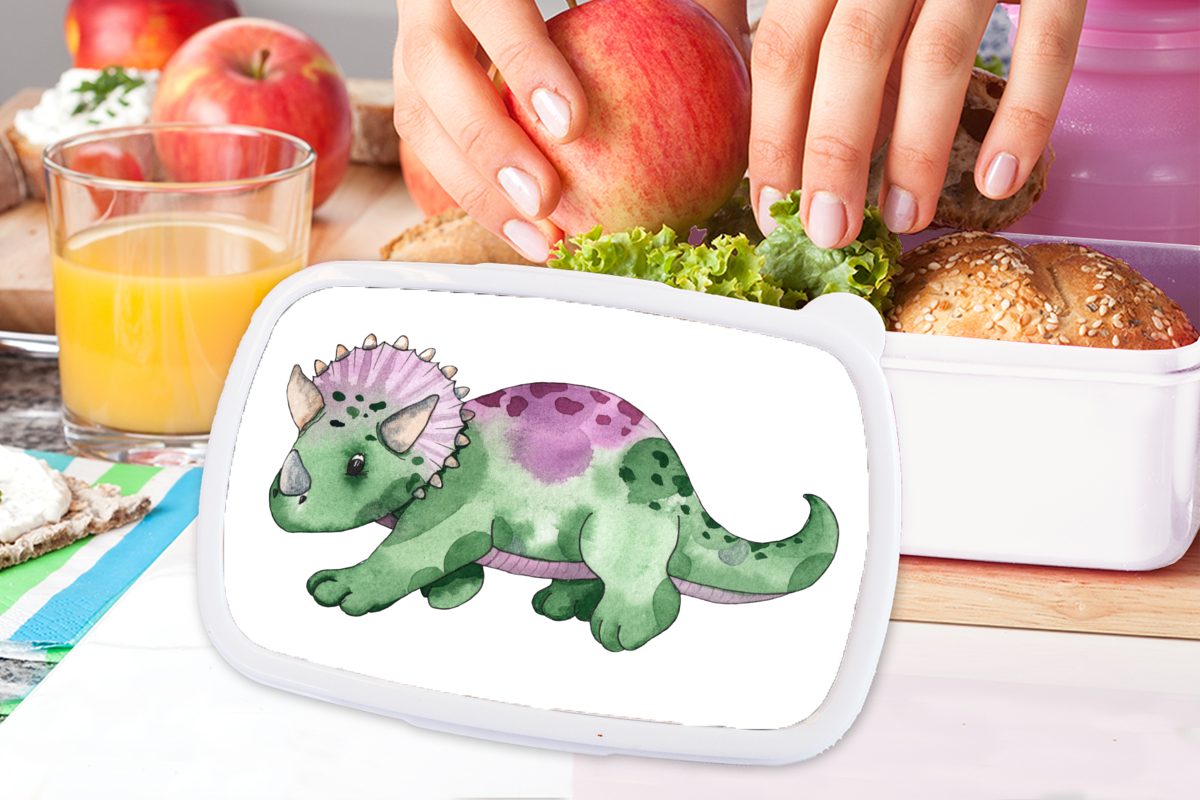 MuchoWow Lunchbox Dinosaurier - - Brotbox Brotdose, Kinder weiß Jungen Grün - und Mädchen und Kinderzimmer Jungs für Kinder, - für Kunststoff, Mädchen Erwachsene, (2-tlg), 