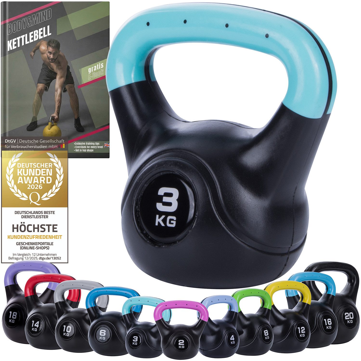 Body & Mind Kettlebell Body & Mind Kettlebell 2–20 kg – Profi Kettlebell mit Kunststoffmantel, (Profi Schwunghantel), Kraftraining Workout Gewicht (3 kg)