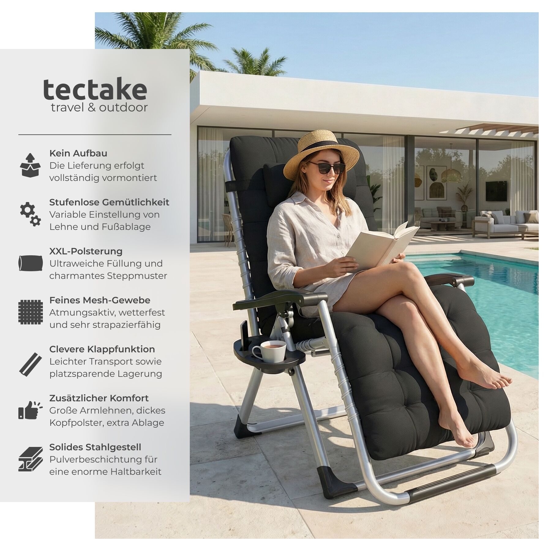 tectake Gartenstuhl Sonnenliege „Cloud“ – klappbar, verstellbar, mit Polste günstig online kaufen