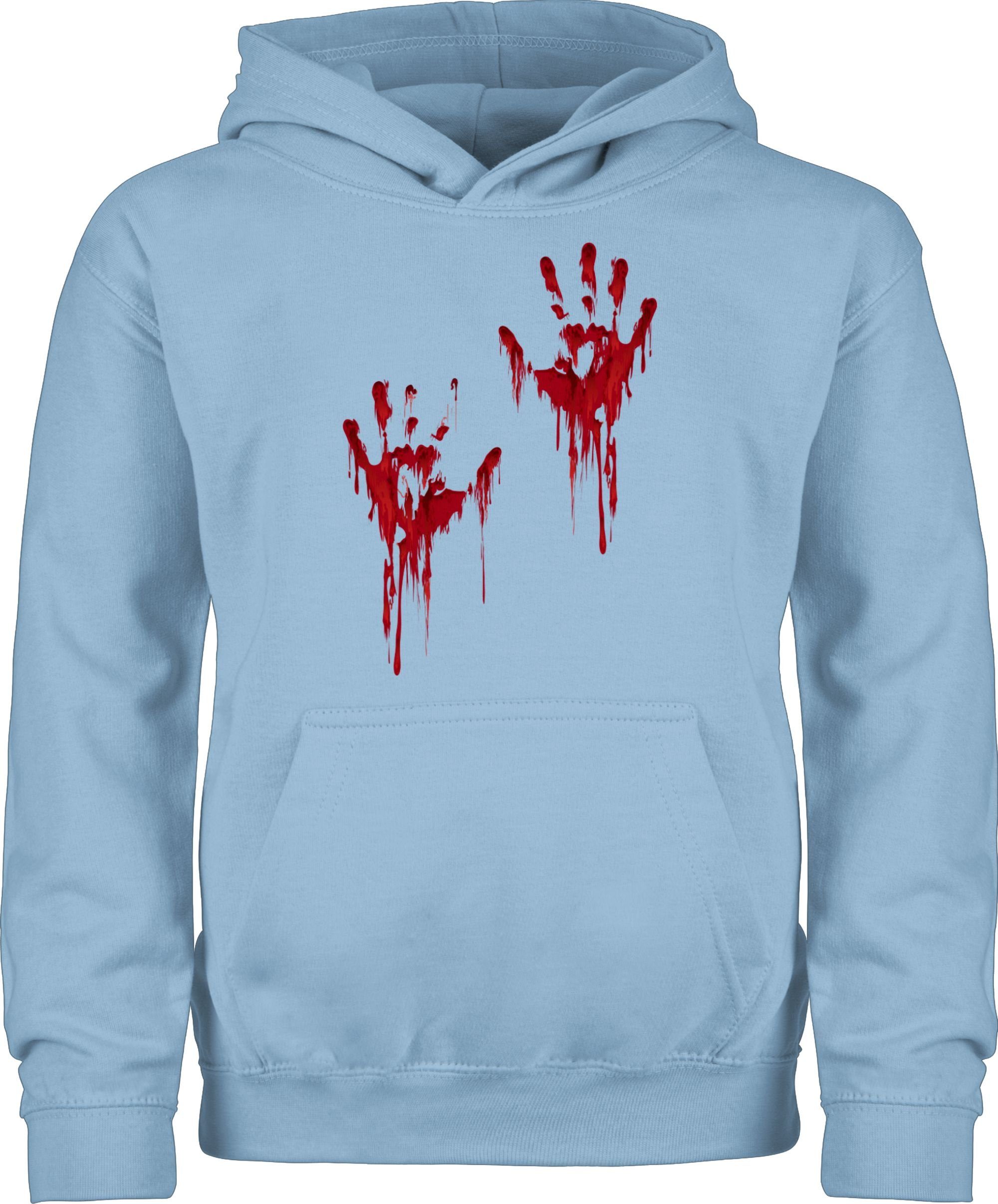 Shirtracer Hoodie Blutige Hände Blut Halloween Blutiges Kostüme Hellblau Kinder Blutverschmiert Blutspritzer Handabdruck H 3 für