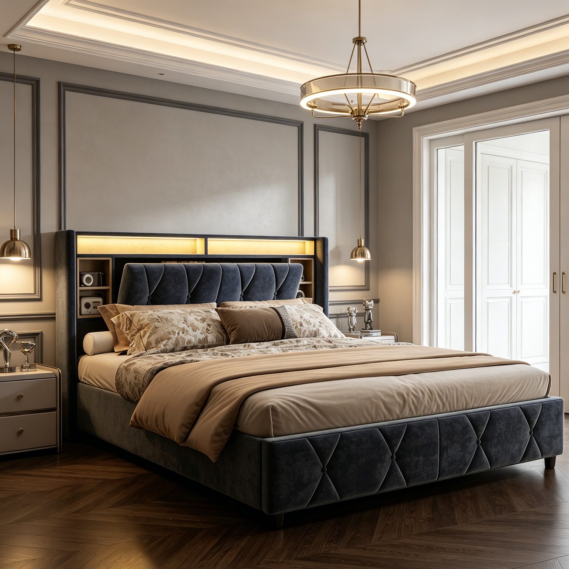 Simurq Polsterbett Doppelbett 160 x 200 cm mit LED-Beleuchtung (Bettgestell mit Lattenrost und Stauraum, gepolsterte Tianer-Matratze), Modernes Jugendbett mit ruhigem Design