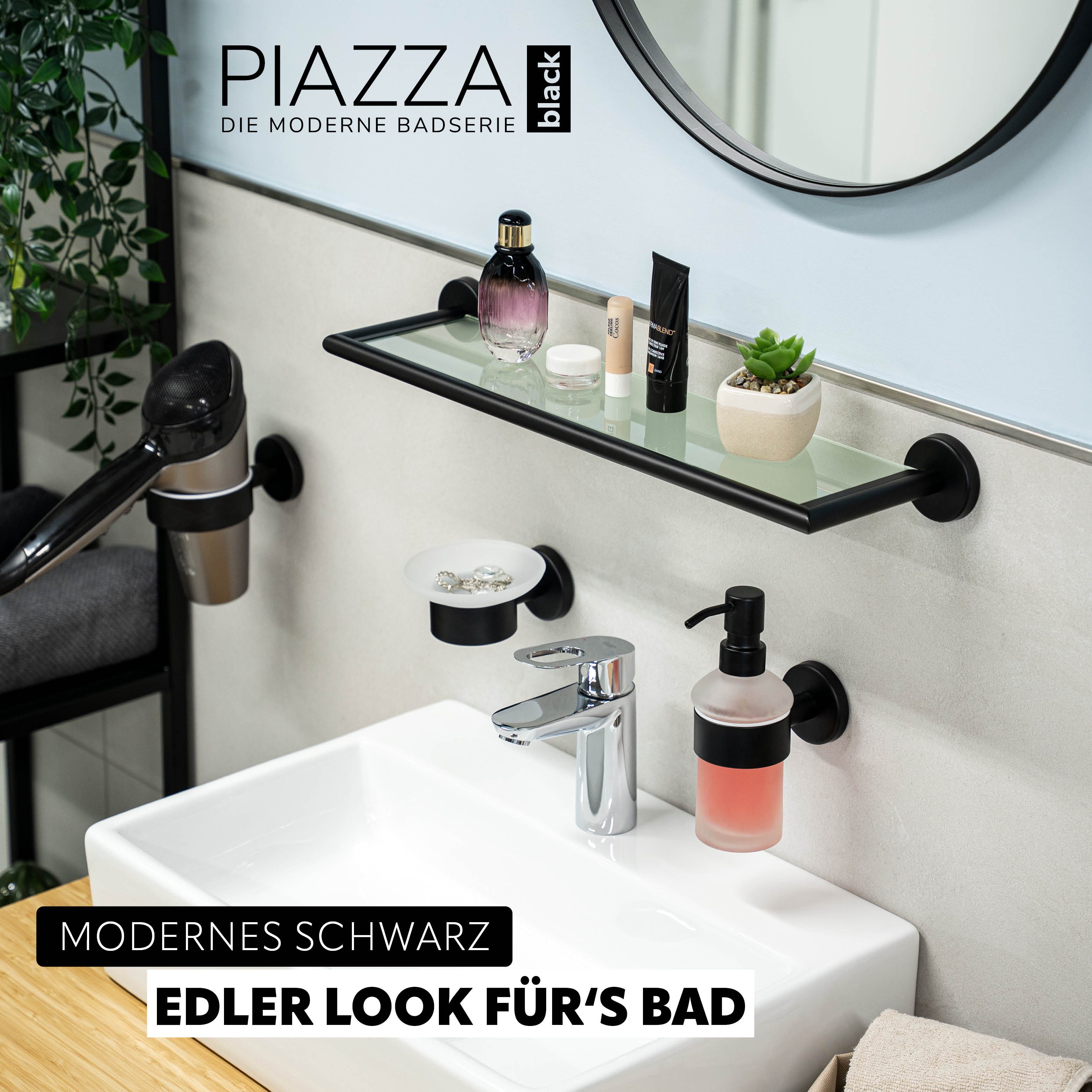 bremermann Wandregal Bad-Serie PIAZZA BLACK - aus Glas und Edelstahl matt schwarz, 1-tlg.