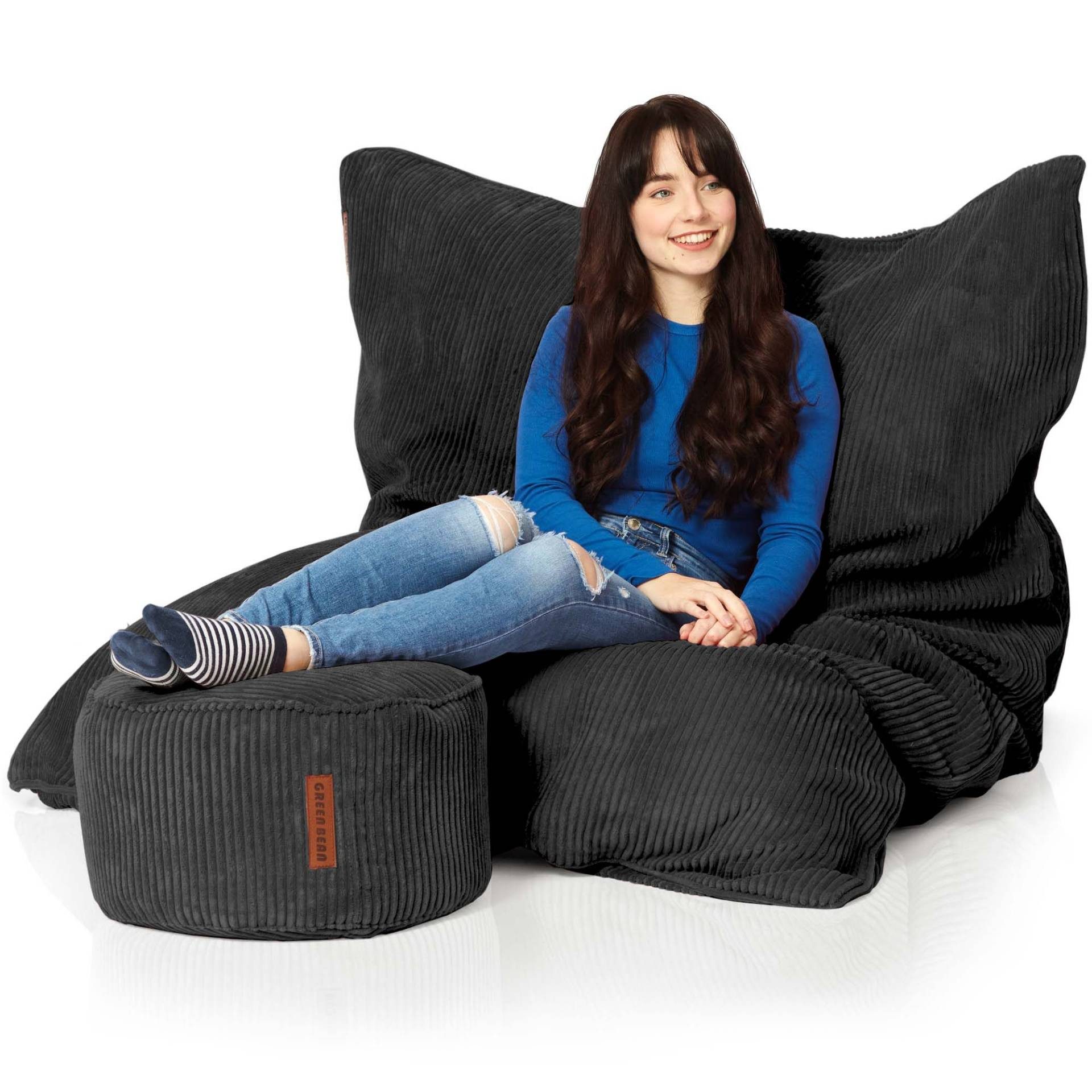Green Bean Sitzsack XXL Sitzsack Square Cord + Hocker (Sitzsack + Hocker im Set - XXL Riesensitzsac mit passendem Fußhocker), Bean Bag Bodenkissen Liegekissen Sitzkissen Indoor Drinnen Waschbar