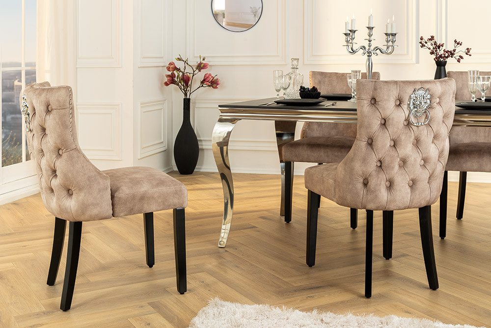 riess-ambiente Esszimmerstuhl CASTLE DELUXE cappuccino/schwarz - Samt, Holzbeine, Löwenkopf-Griff (Einzelartikel, 1 St), glamouröser Stuhl mit Nieten - ideal für Deinen Barock-Look