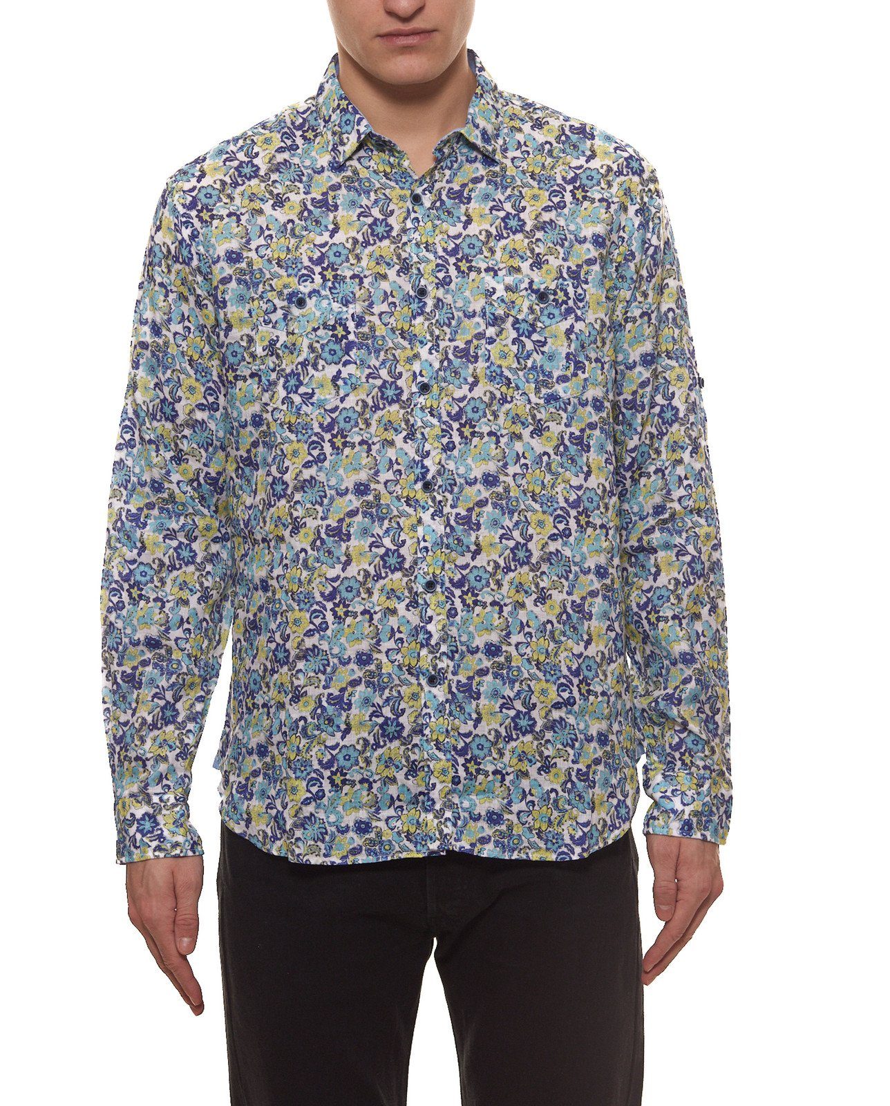Flanellhemd Tom RUSBORG Langarm-Hemd trendiges Herren Freizeit-Hemd mit floralem Muster Sommer-Hemd Blau