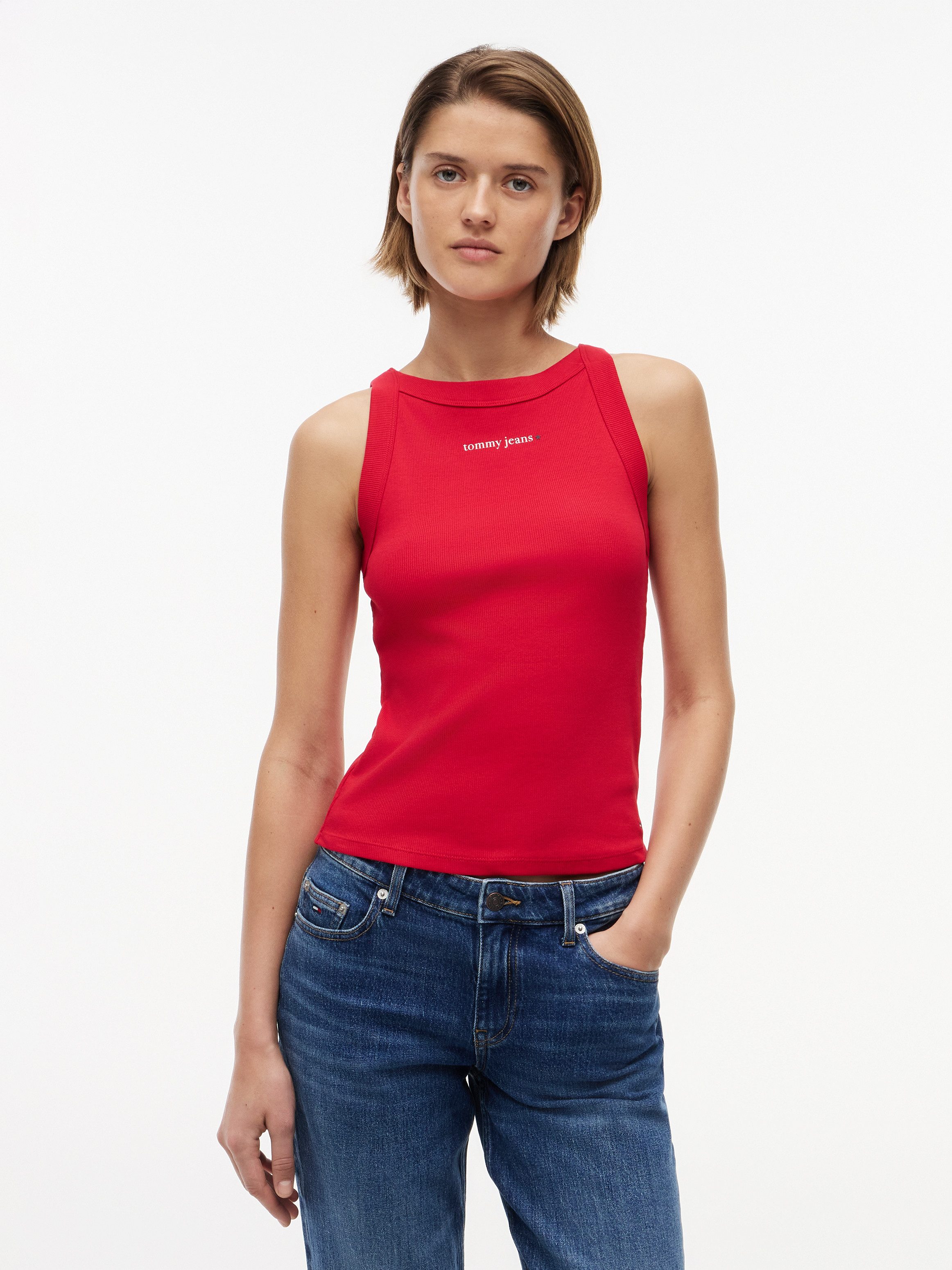 Tommy Jeans Ripptanktop TJW SLIM ESS LOGO 1 RIB TANK Baumwollmischung, slim fit, in gerippter Struktur