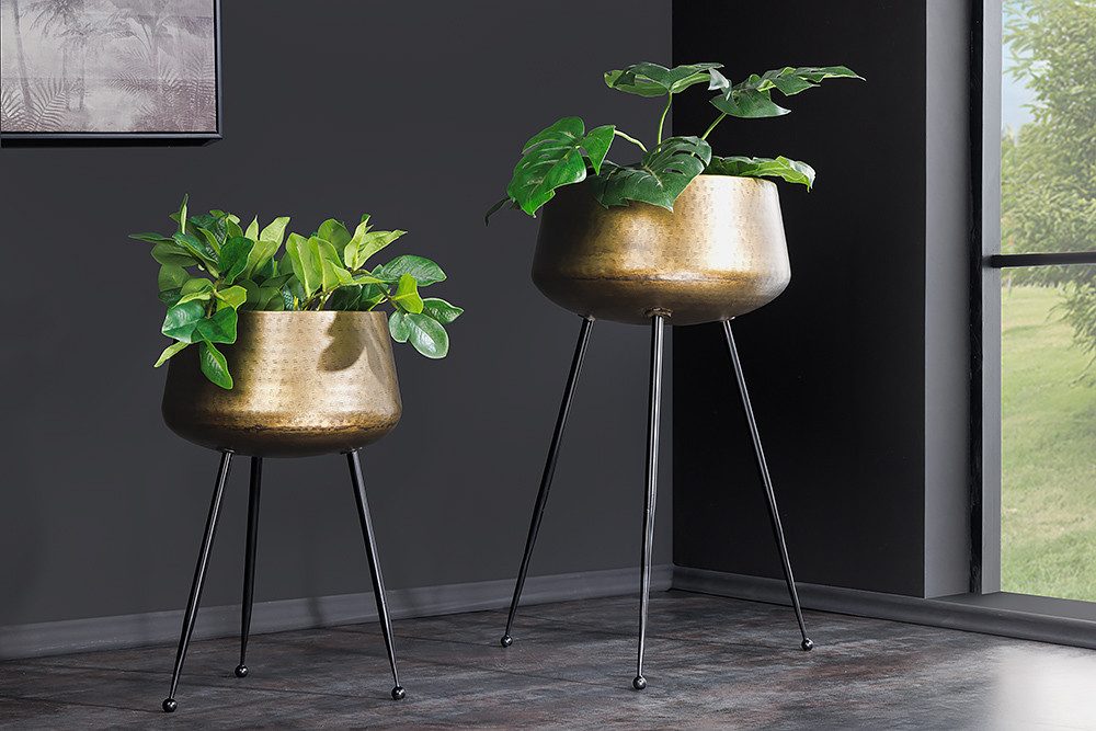 riess-ambiente Übertopf FLOWERS 65cm messing gold / schwarz · Blumentopf mit Füßen/Ständer (Set, 2 St), Wohnzimmer · Pflanzgefäß · Hammerschlag-Design · orientalisch